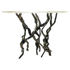 Unique sculptural platinum and white gold leaf coated metal and crystal console