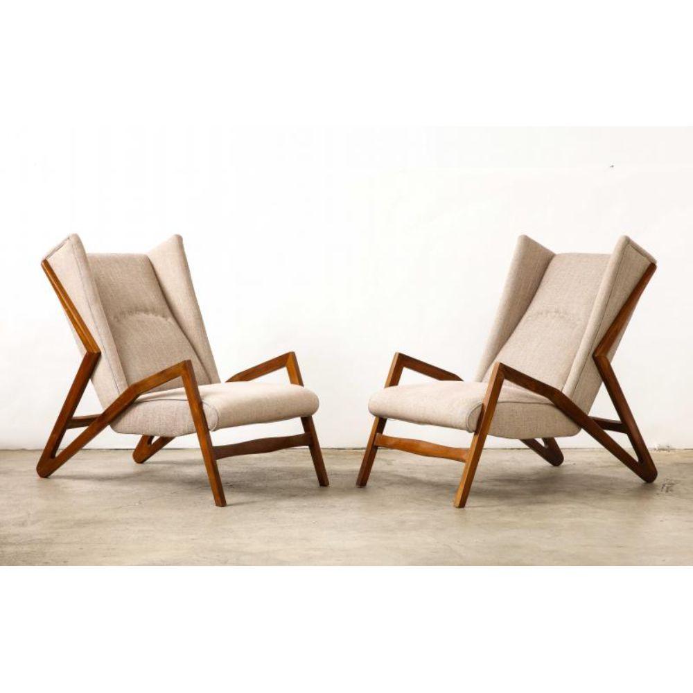 Italian Unique Sculptural Walnut Lounge Chairs by Studio BBPR, circa 1950