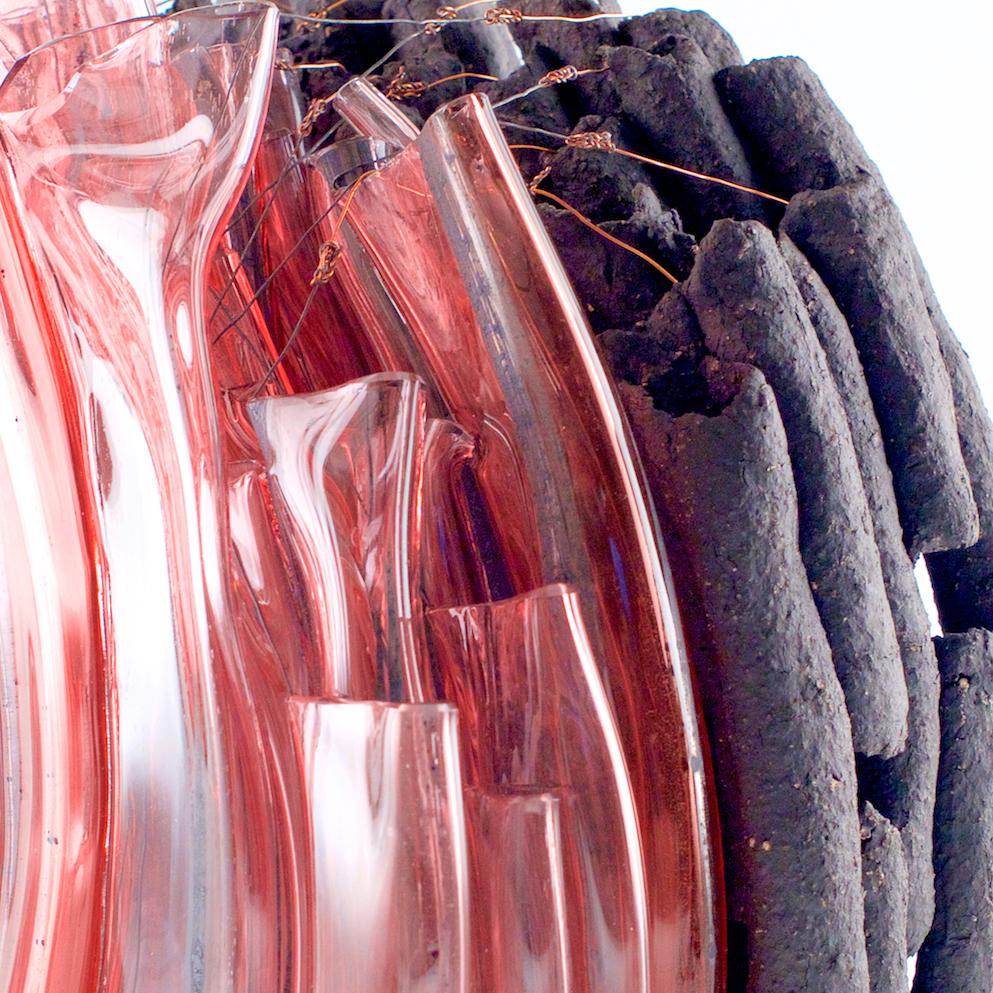 Hand-Crafted Unique Pink Glass and Ceramic Sculpture by Ida Wieth