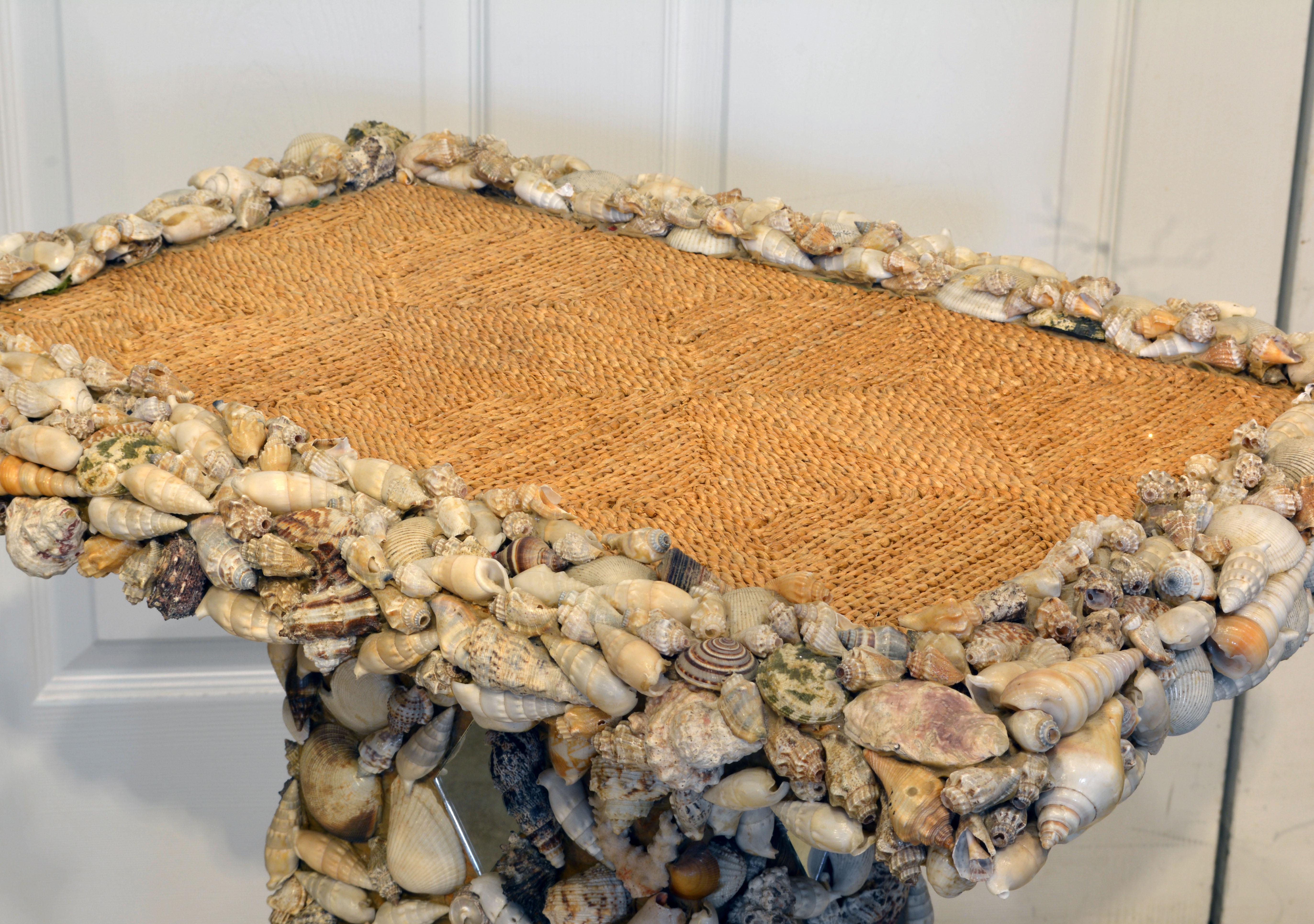 Asian Unique Sea Shell and Mirror Encrusted Raffia Top Accent Table