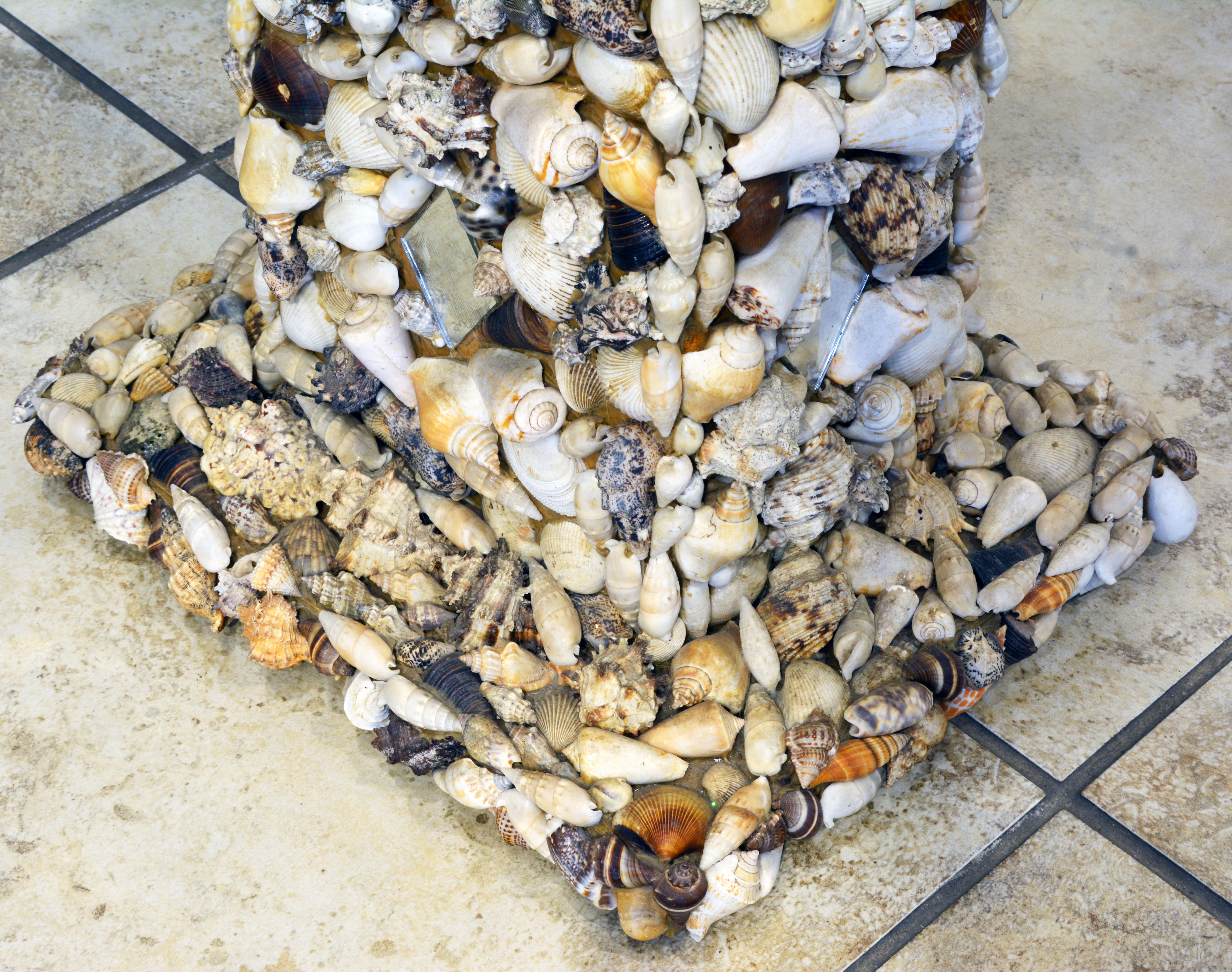 20th Century Unique Sea Shell and Mirror Encrusted Raffia Top Accent Table