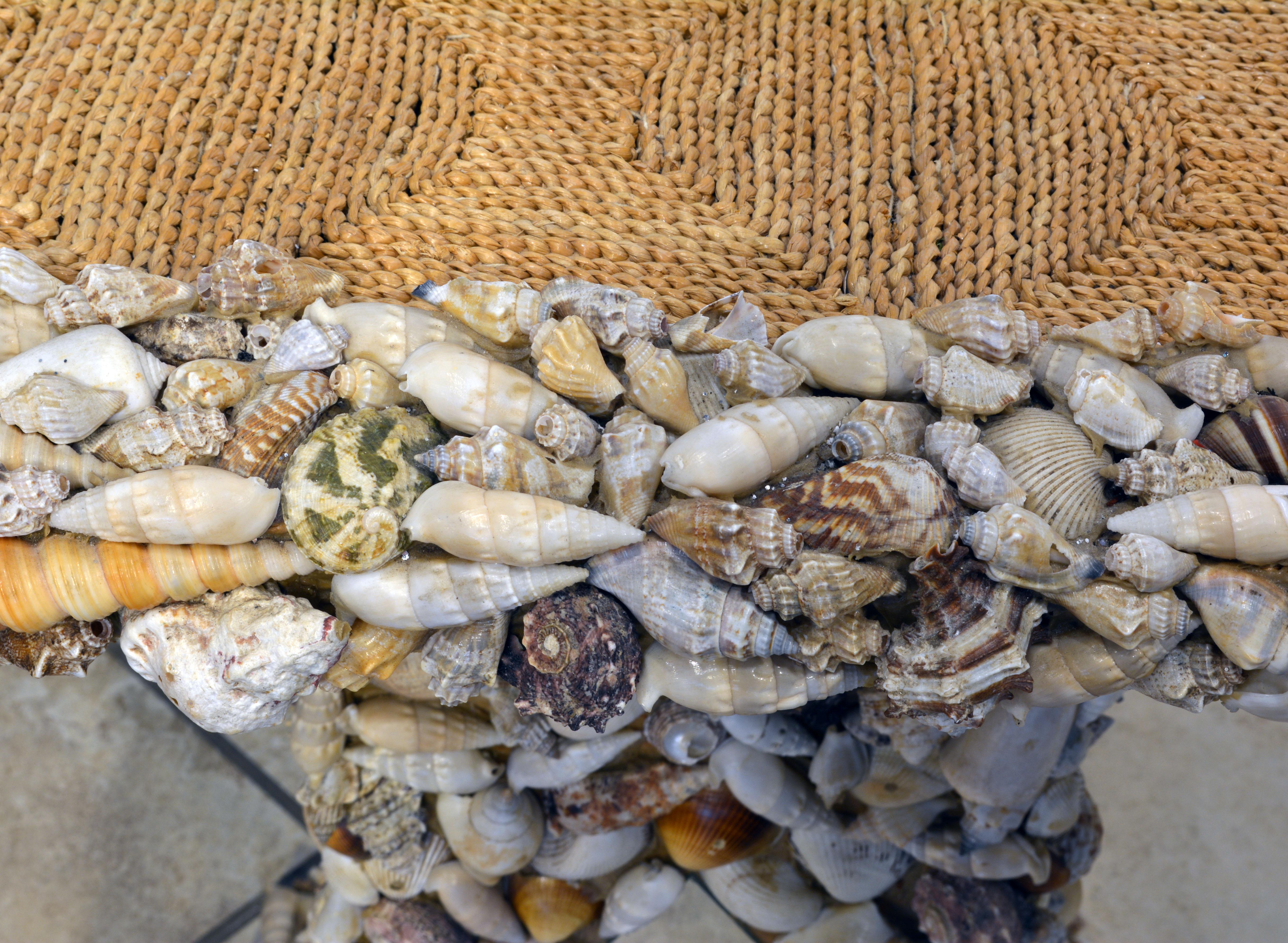 Unique Sea Shell and Mirror Encrusted Raffia Top Accent Table 2