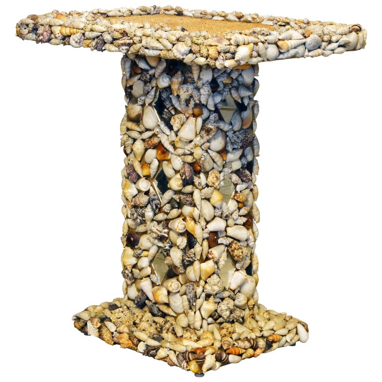 Unique Sea Shell and Mirror Encrusted Raffia Top Accent Table at 1stDibs