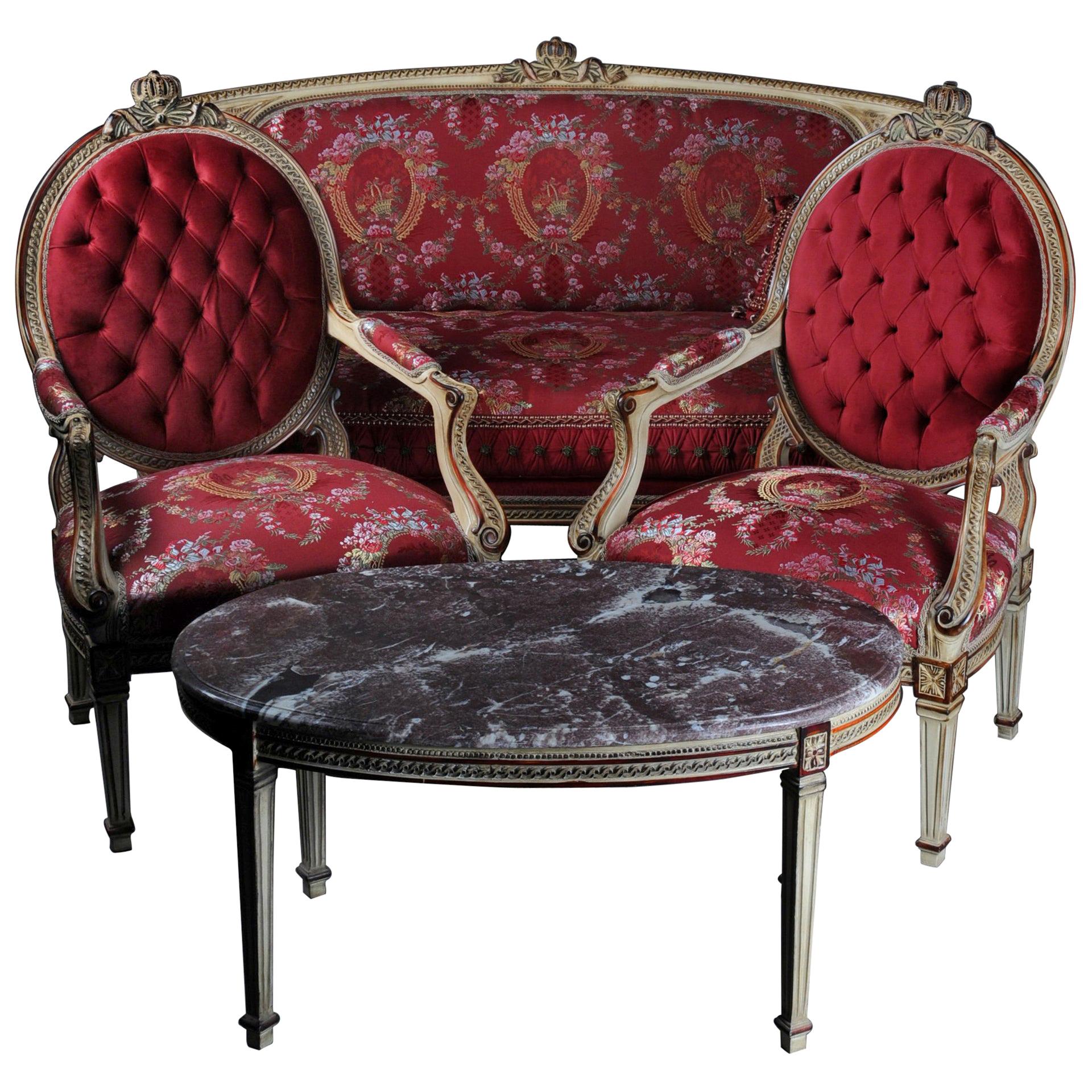 Groupe de sièges uniques, ensemble avec table ovale en taille Louis XVI en vente