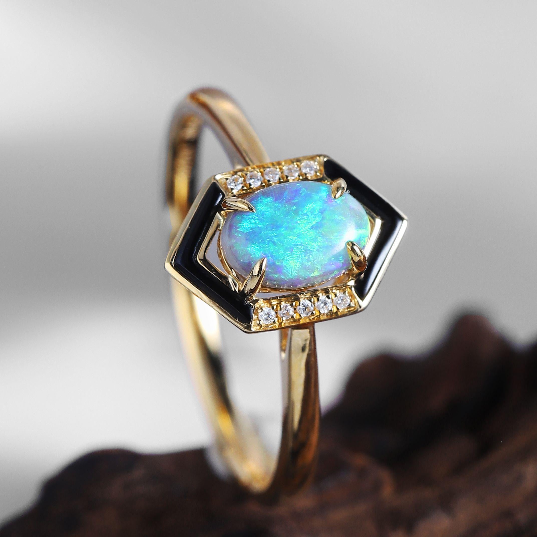 Unique Design Australian Semi Black Opal & Diamond Black Agate Engagement Ring 18K Yellow Gold.

Design Idea:
Lately, I've been smitten with black agate in my designs. This side stone adds a unique flair, bringing a completely different vibe that