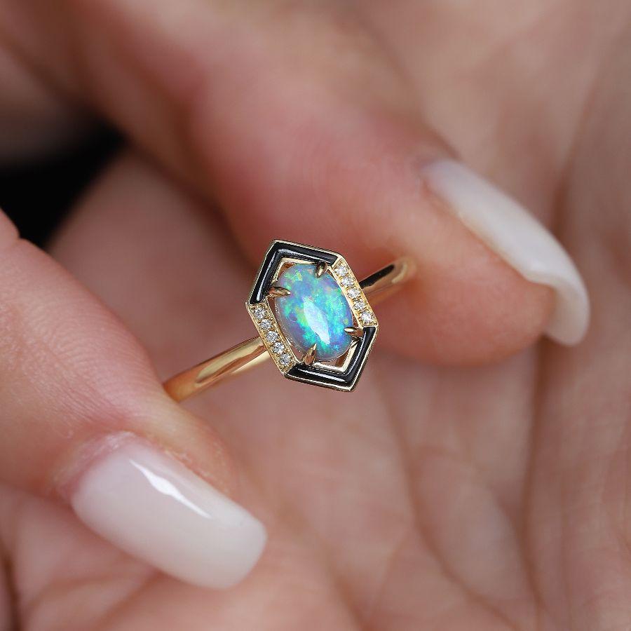 Unique Semi Black Opal & Diamond Black Agate Engagement Ring 18K Yellow Gold In New Condition For Sale In Suwanee, GA
