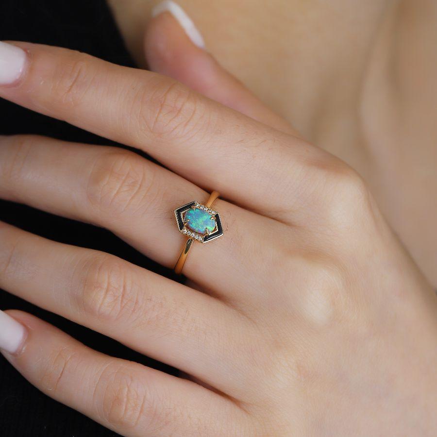 Women's Unique Semi Black Opal & Diamond Black Agate Engagement Ring 18K Yellow Gold For Sale