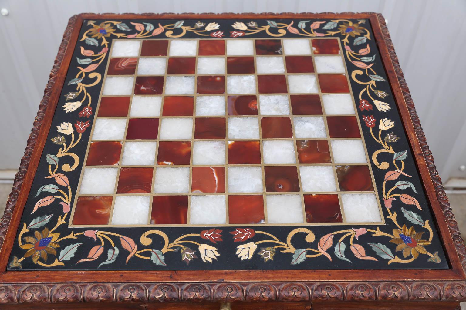 Unique Semi-Precious Stone Inlaid Marble Chess Table with Silver ...