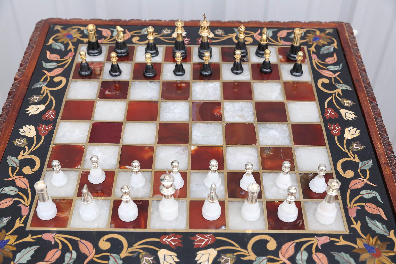 Unique Semi-Precious Stone Inlaid Marble Chess Table with Silver ...