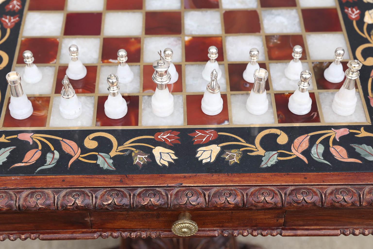 Unique Semi-Precious Stone Inlaid Marble Chess Table with Silver ...