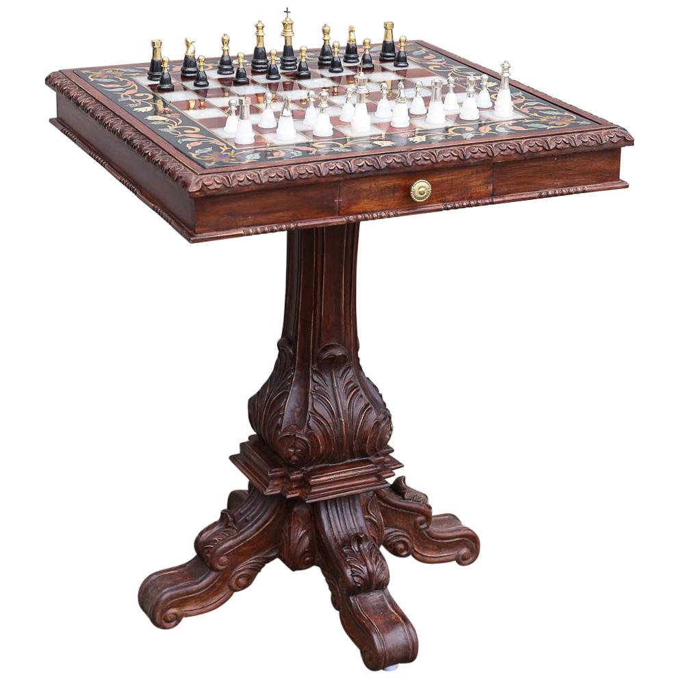 Unique Semi-Precious Stone Inlaid Marble Chess Table with Silver Chessmen For Sale