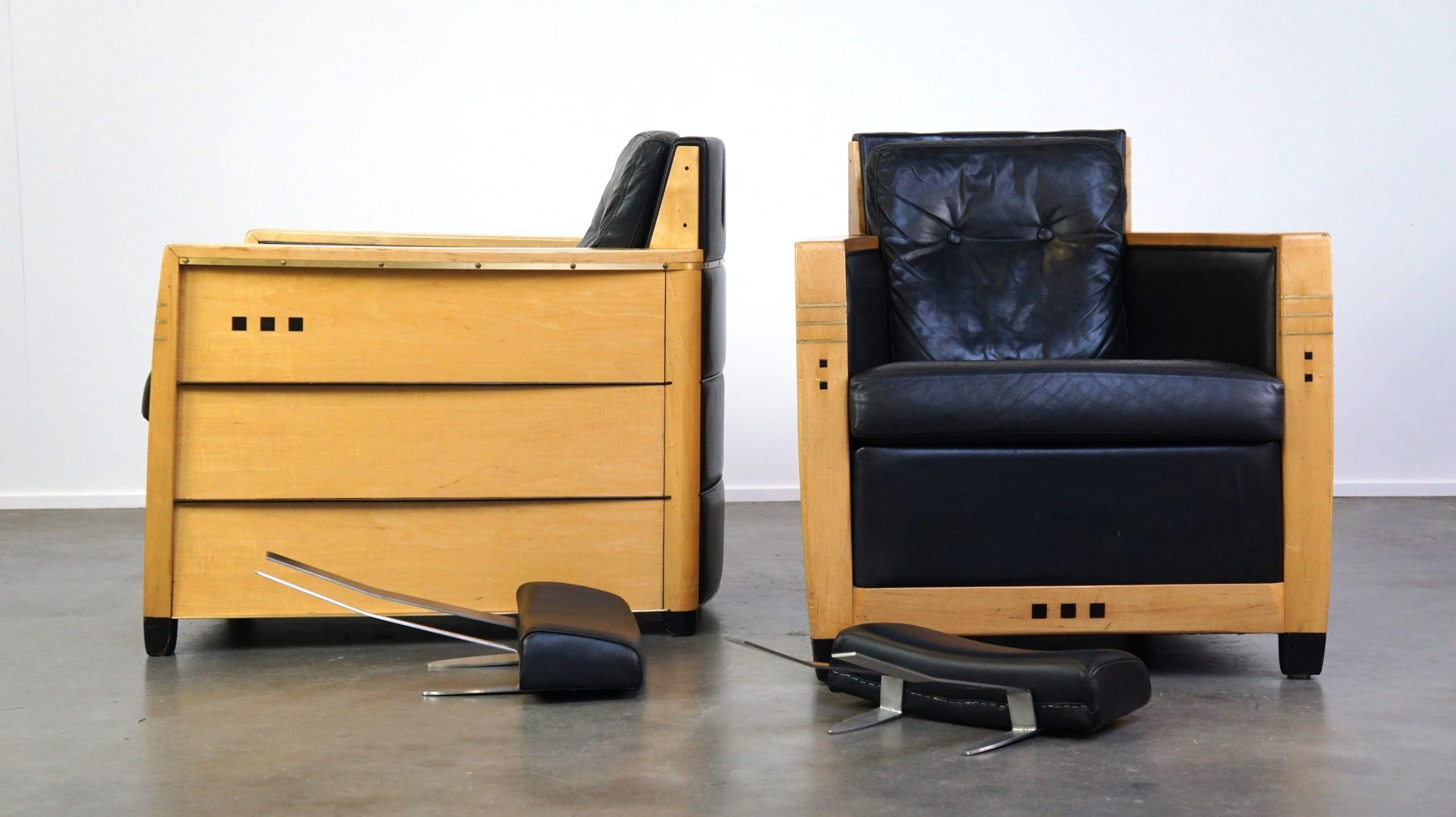 Dutch Unique Set, Black Leather Schuitema Armchairs Made for Holland America For Sale
