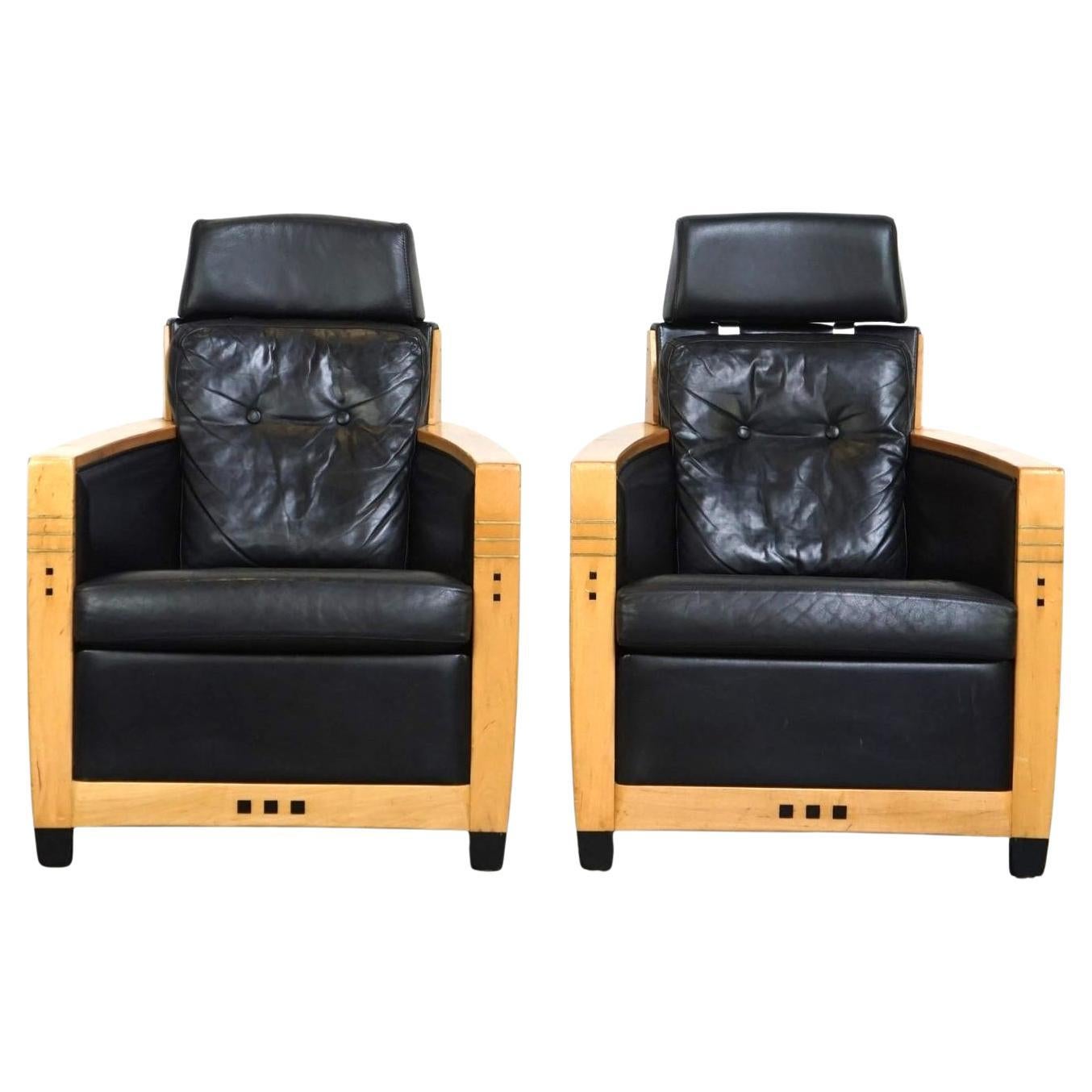 Unique Set, Black Leather Schuitema Armchairs Made for Holland America For Sale