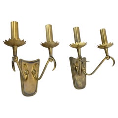 unique set of 2 brass Gio Ponti Style Theatre Wall Light Sconces, Italy, 1950s