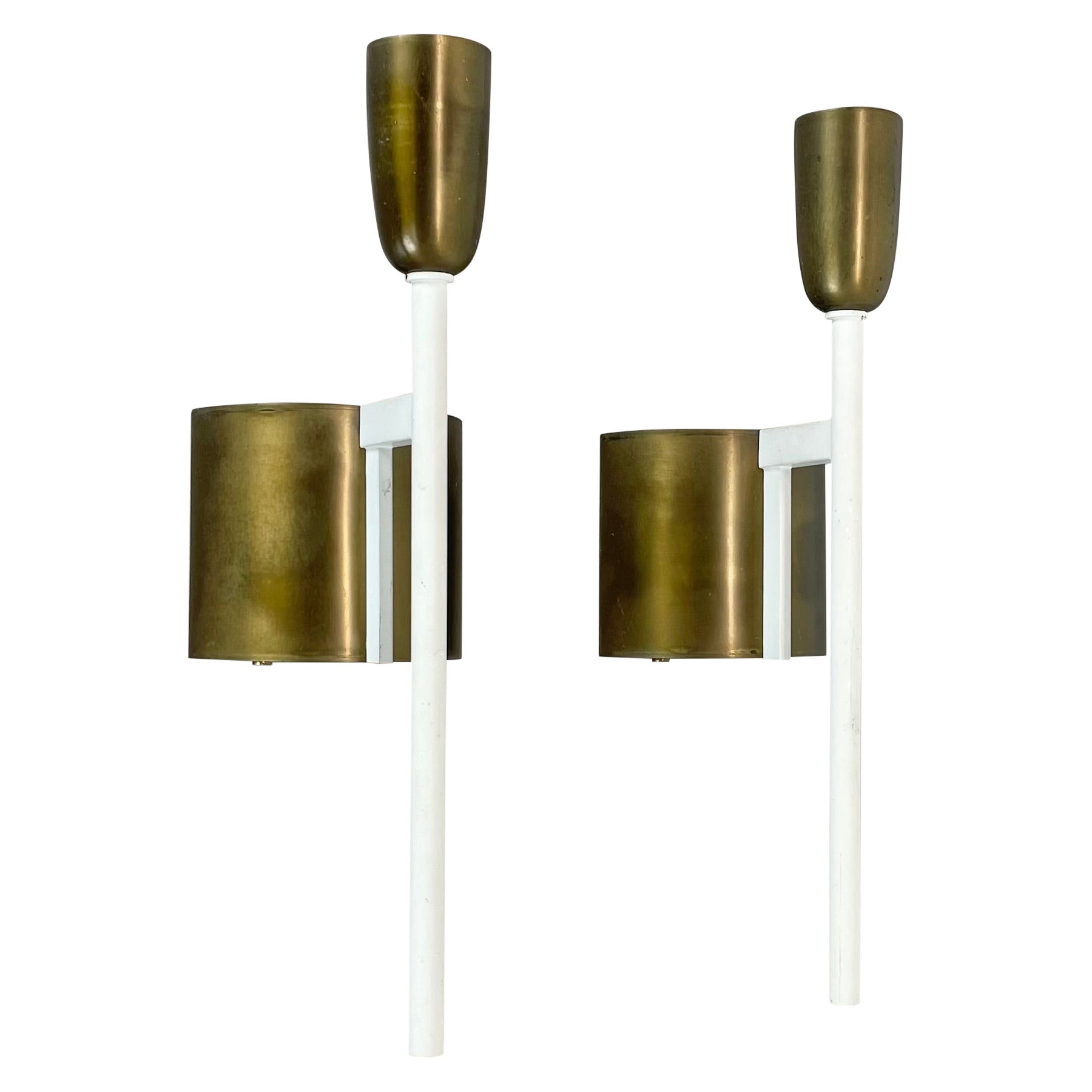 unique set of 2 brass tube Stilnovo Style Theatre Wall Light Sconces, Italy 1950