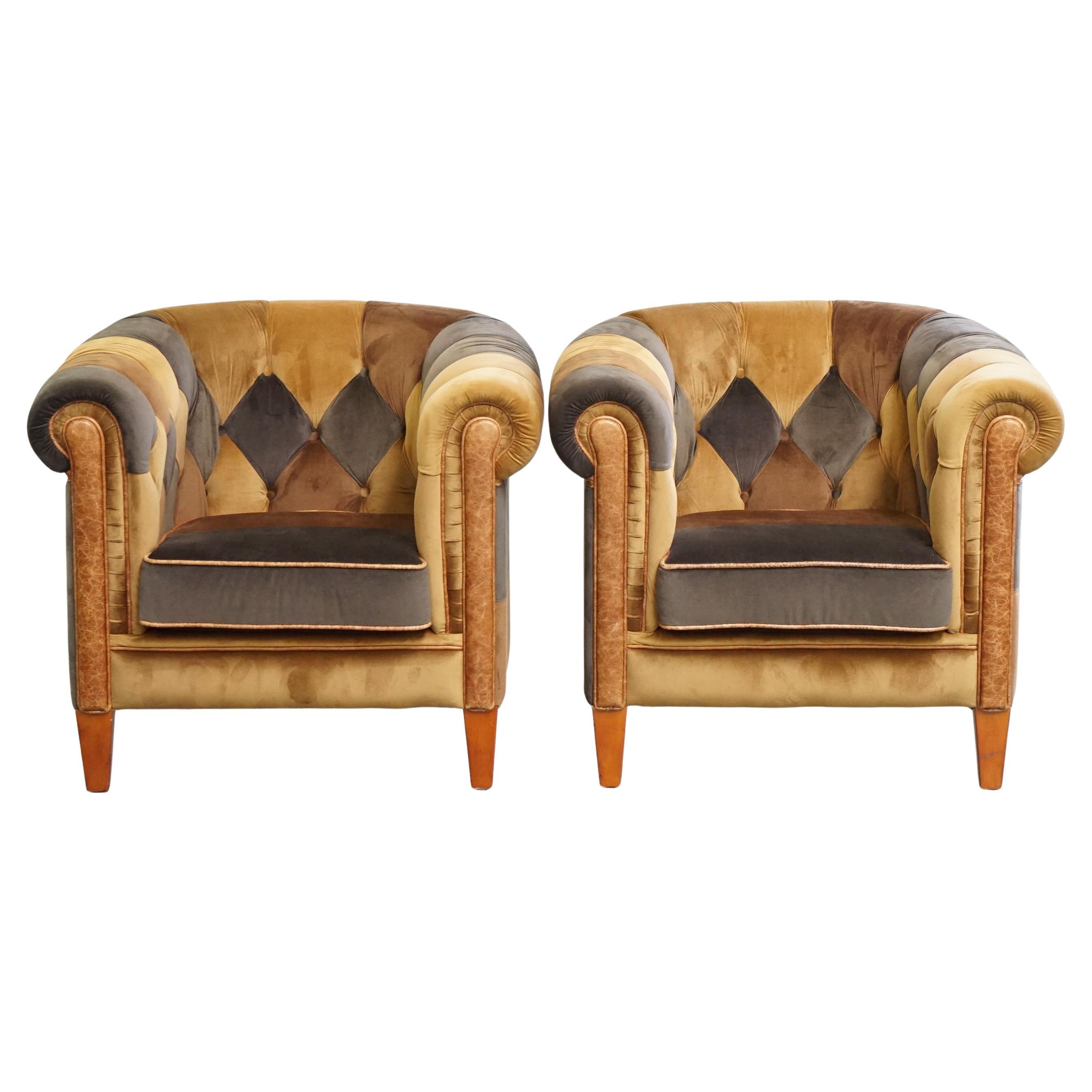 Unique set of 2 fabric patchwork Chesterfield club chairs in good condition