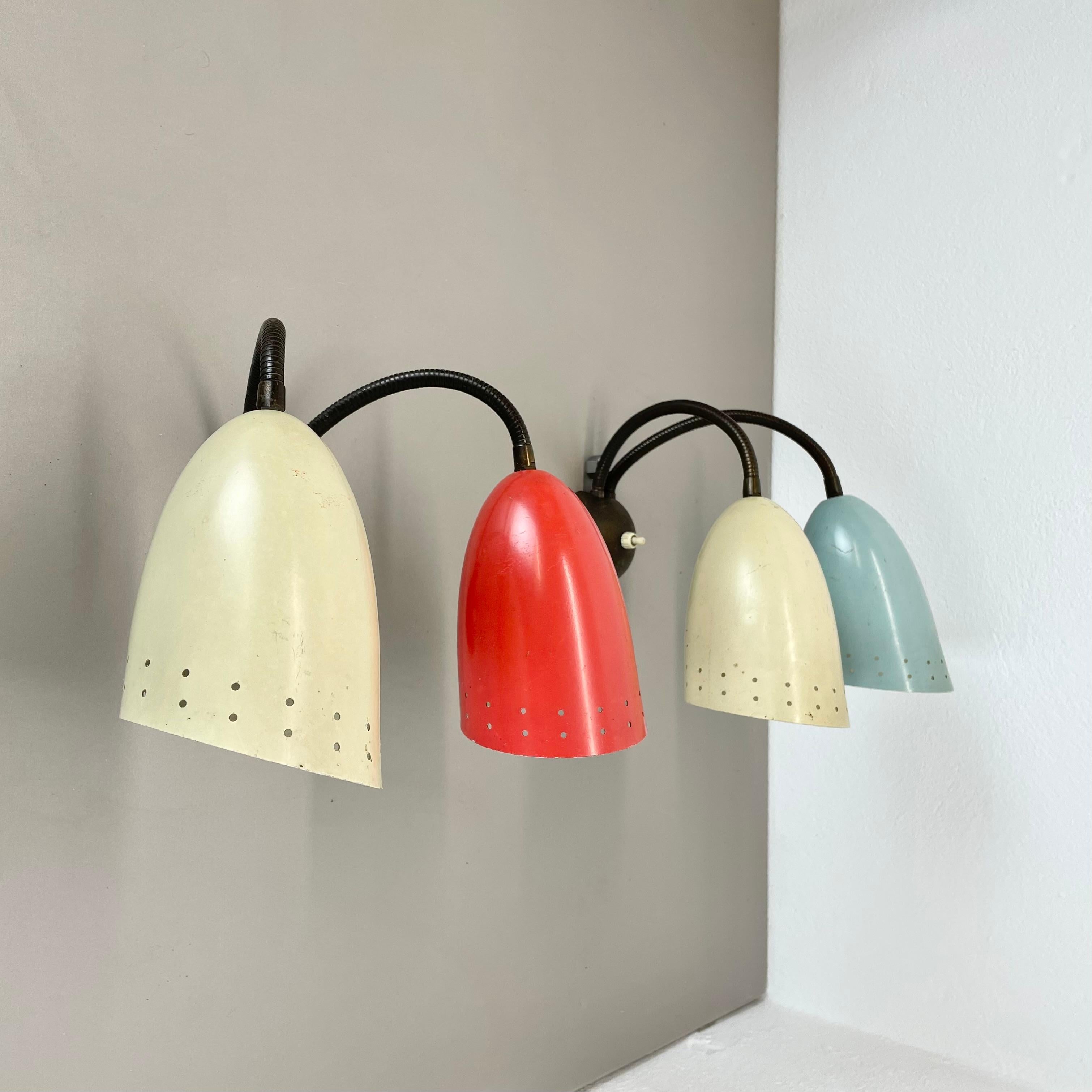 Article:

Wall light, set of 2


Origin:

Italy in the manner of Stilnovo, Gio Ponti



Age:

1950s



This modernist light set was produced in Italy in the 1950s in Italy. It is made of brass (wall fixation) and metal (spot shade element); they