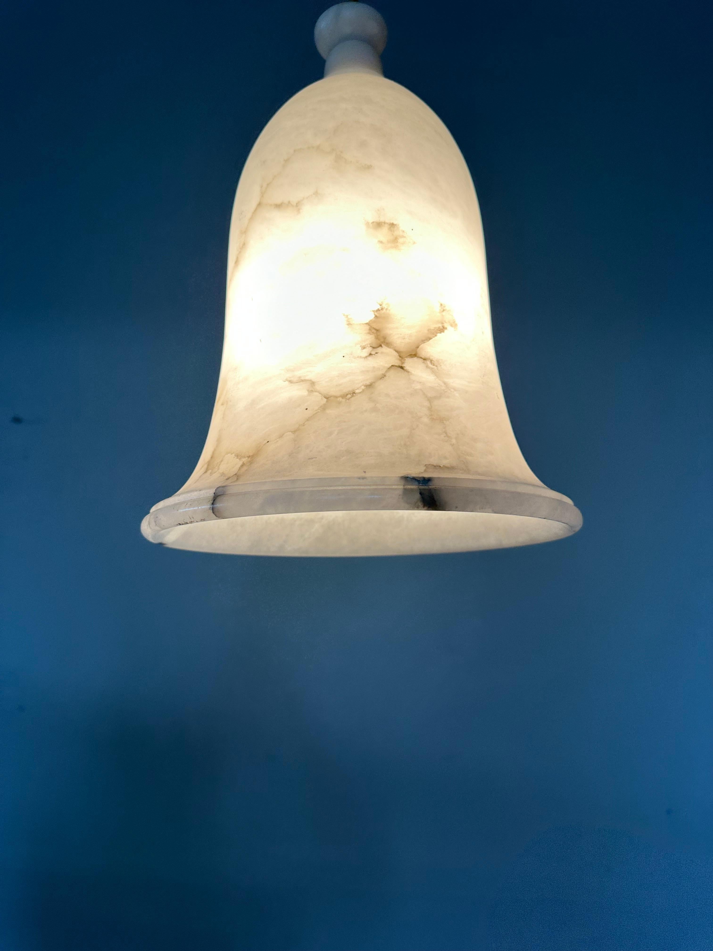 Unique Set of 3 Large Art Deco Style Midcentury White Alabaster Pendant Lights For Sale 5