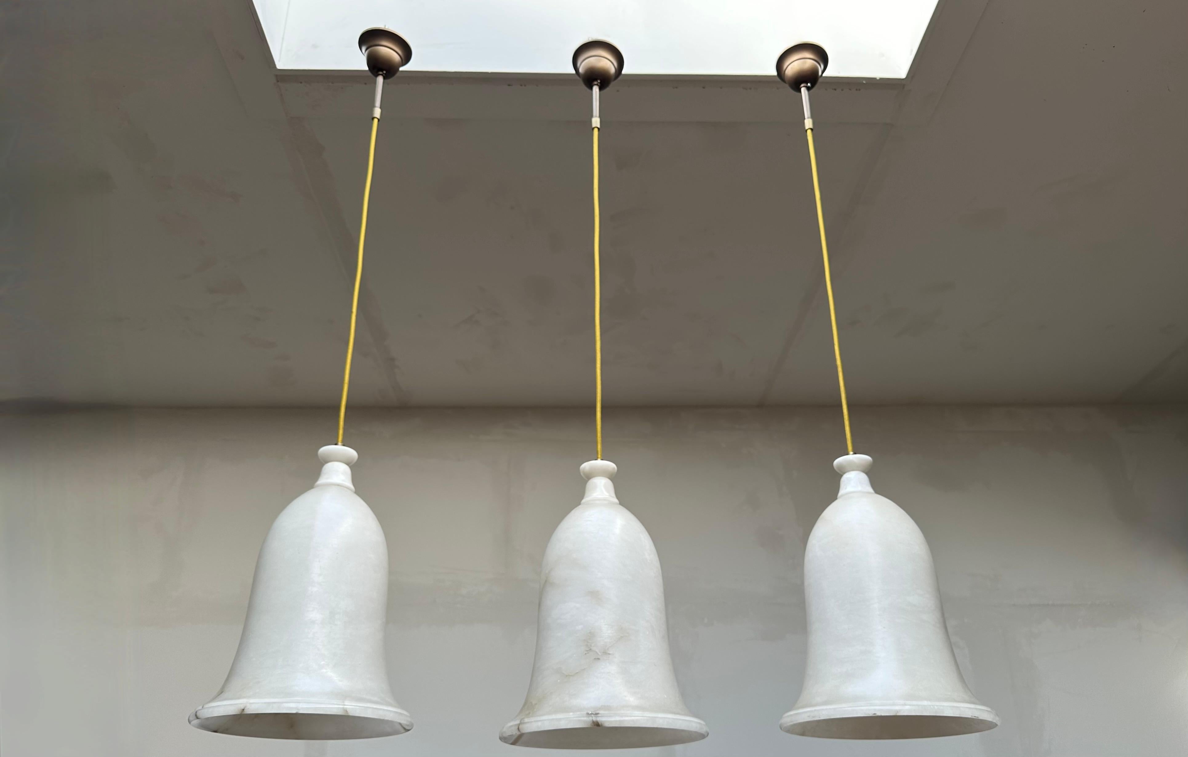 Unique Set of 3 Large Art Deco Style Midcentury White Alabaster Pendant Lights For Sale 8