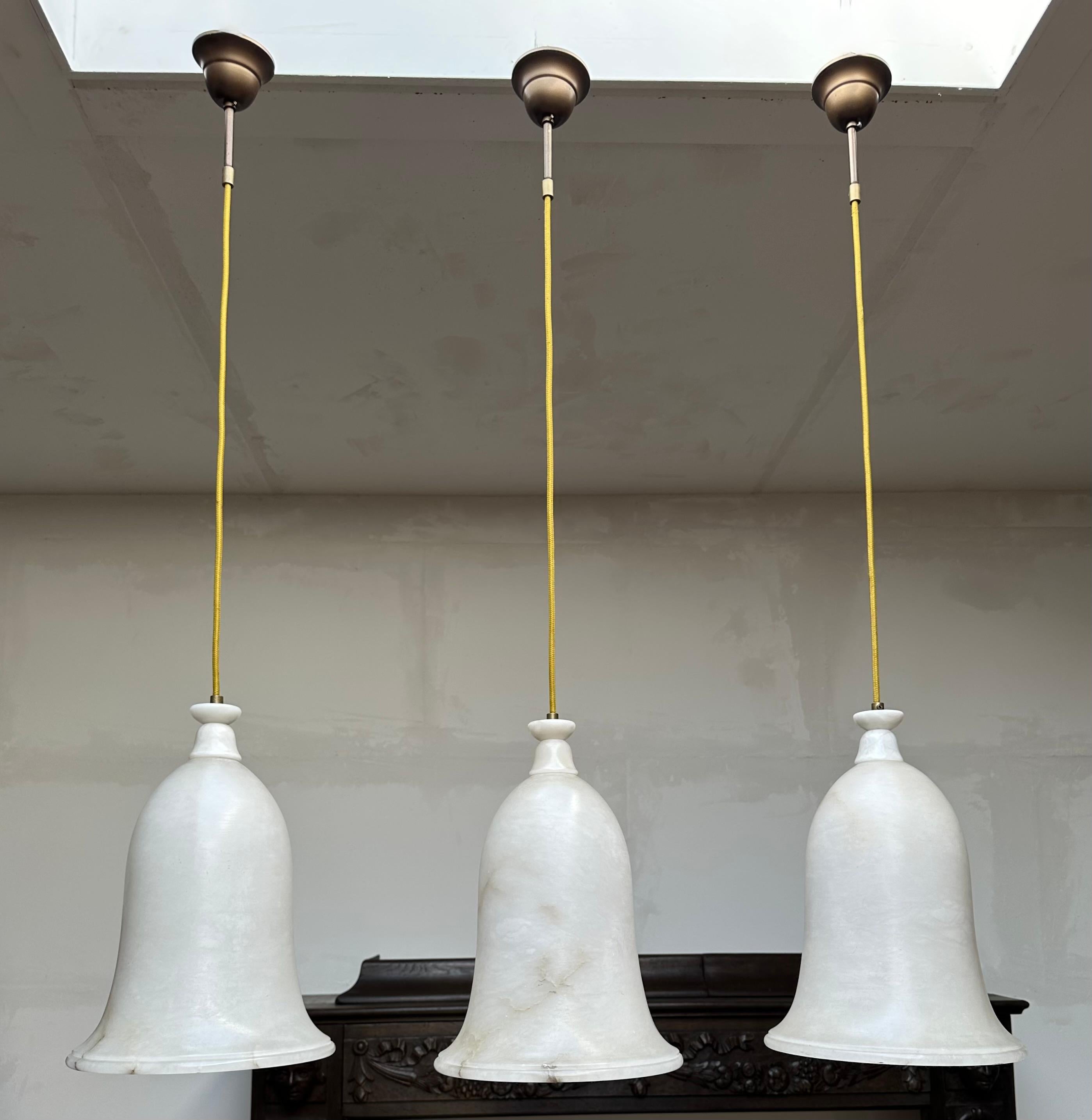 Unique Set of 3 Large Art Deco Style Midcentury White Alabaster Pendant Lights For Sale 10