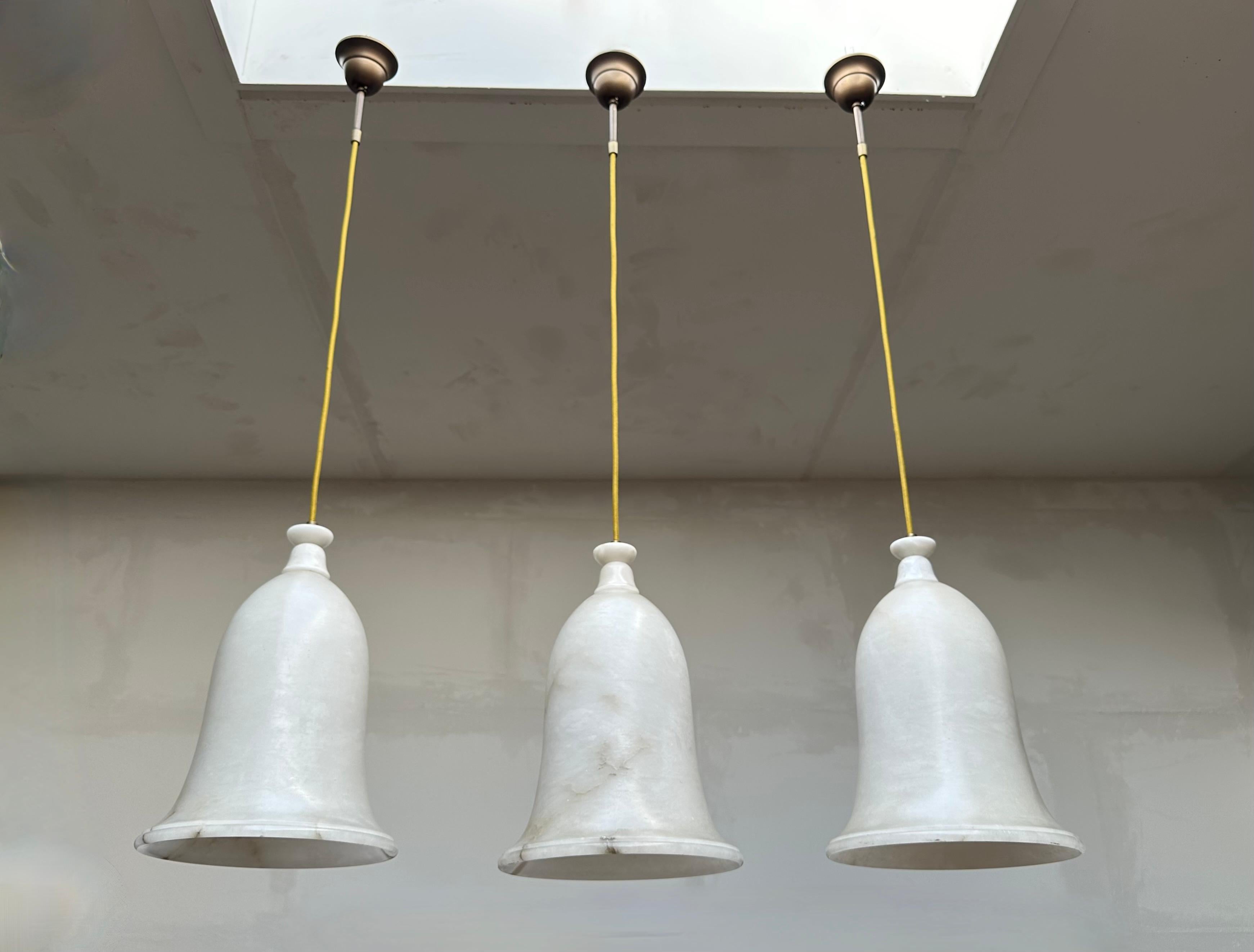 Mid-Century Modern Unique Set of 3 Large Art Deco Style Midcentury White Alabaster Pendant Lights For Sale