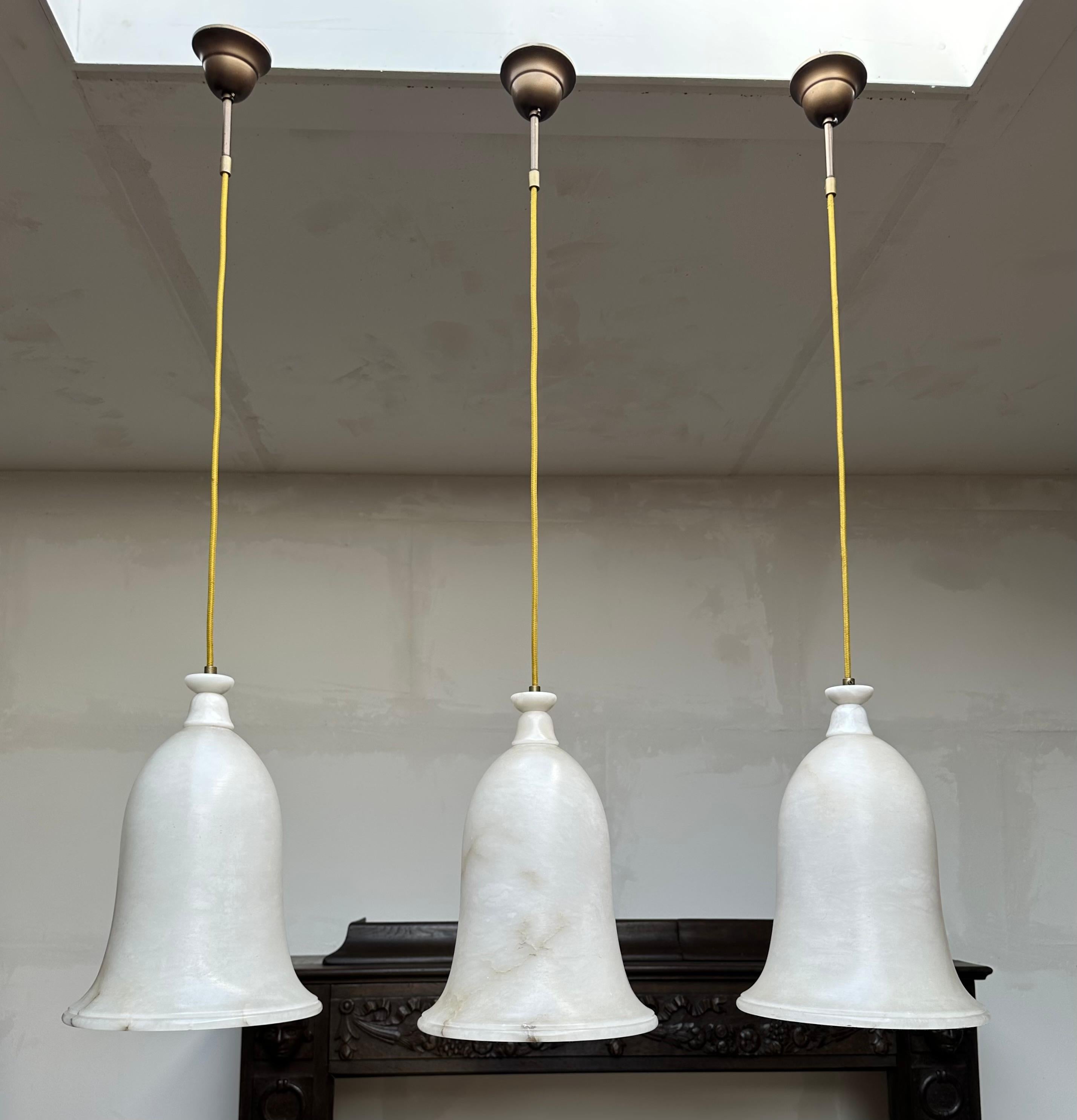 Patinated Unique Set of 3 Large Art Deco Style Midcentury White Alabaster Pendant Lights For Sale