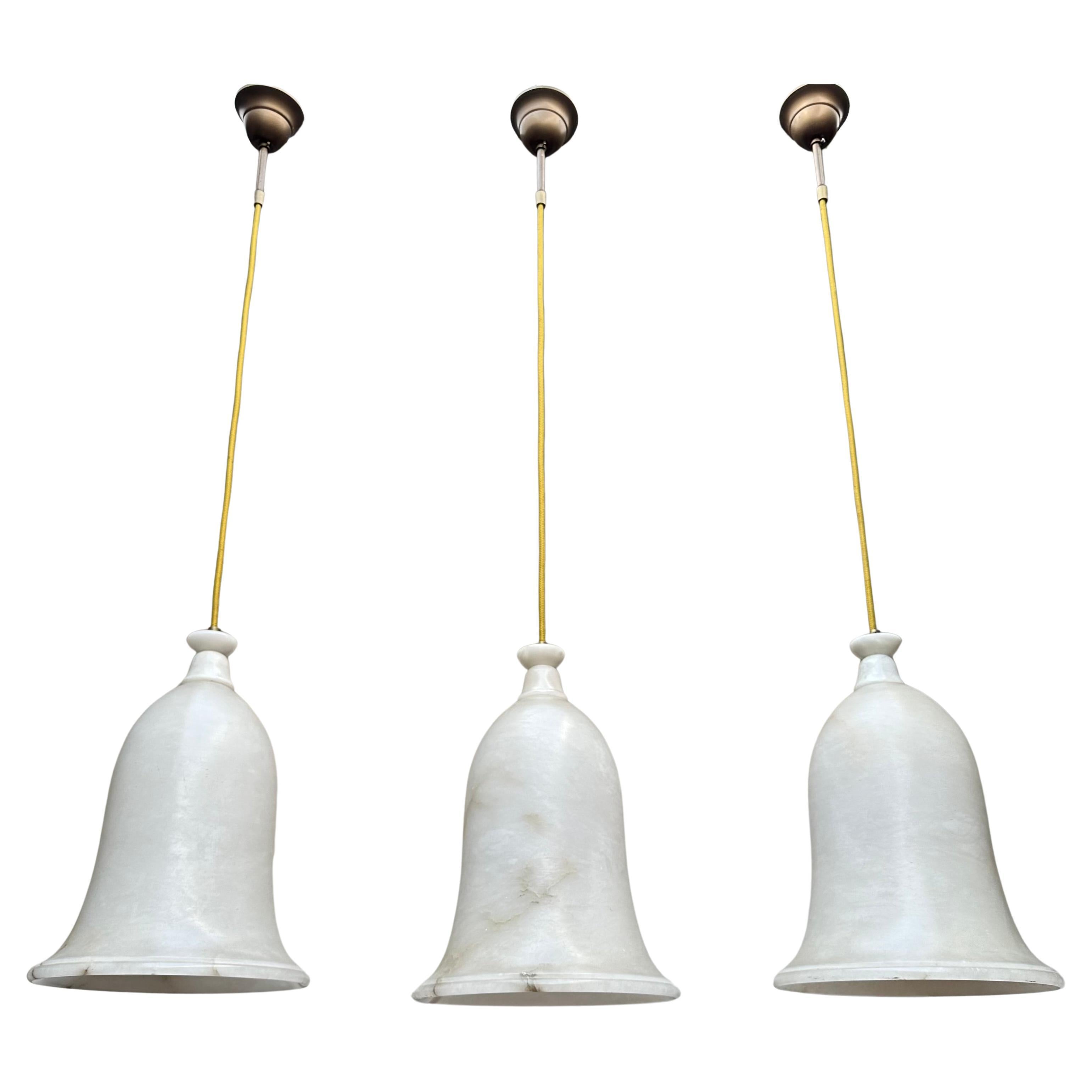 Unique Set of 3 Large Art Deco Style Midcentury White Alabaster Pendant Lights