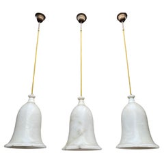 Retro Unique Set of 3 Large Art Deco Style Midcentury White Alabaster Pendant Lights