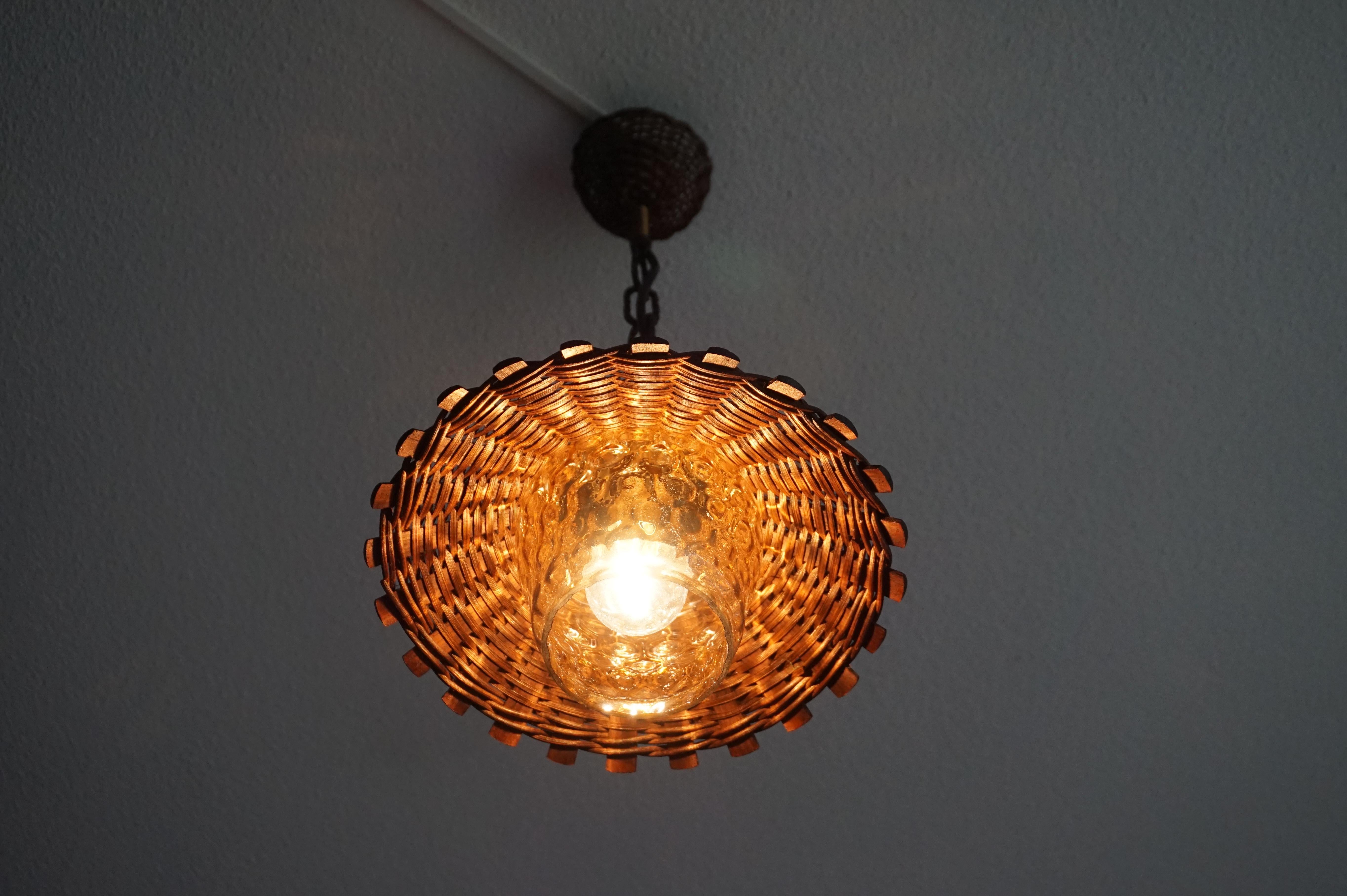20th Century Unique Set of 3 Midcentury Organic Handcrafted Wicker and Glass Pendants Lights