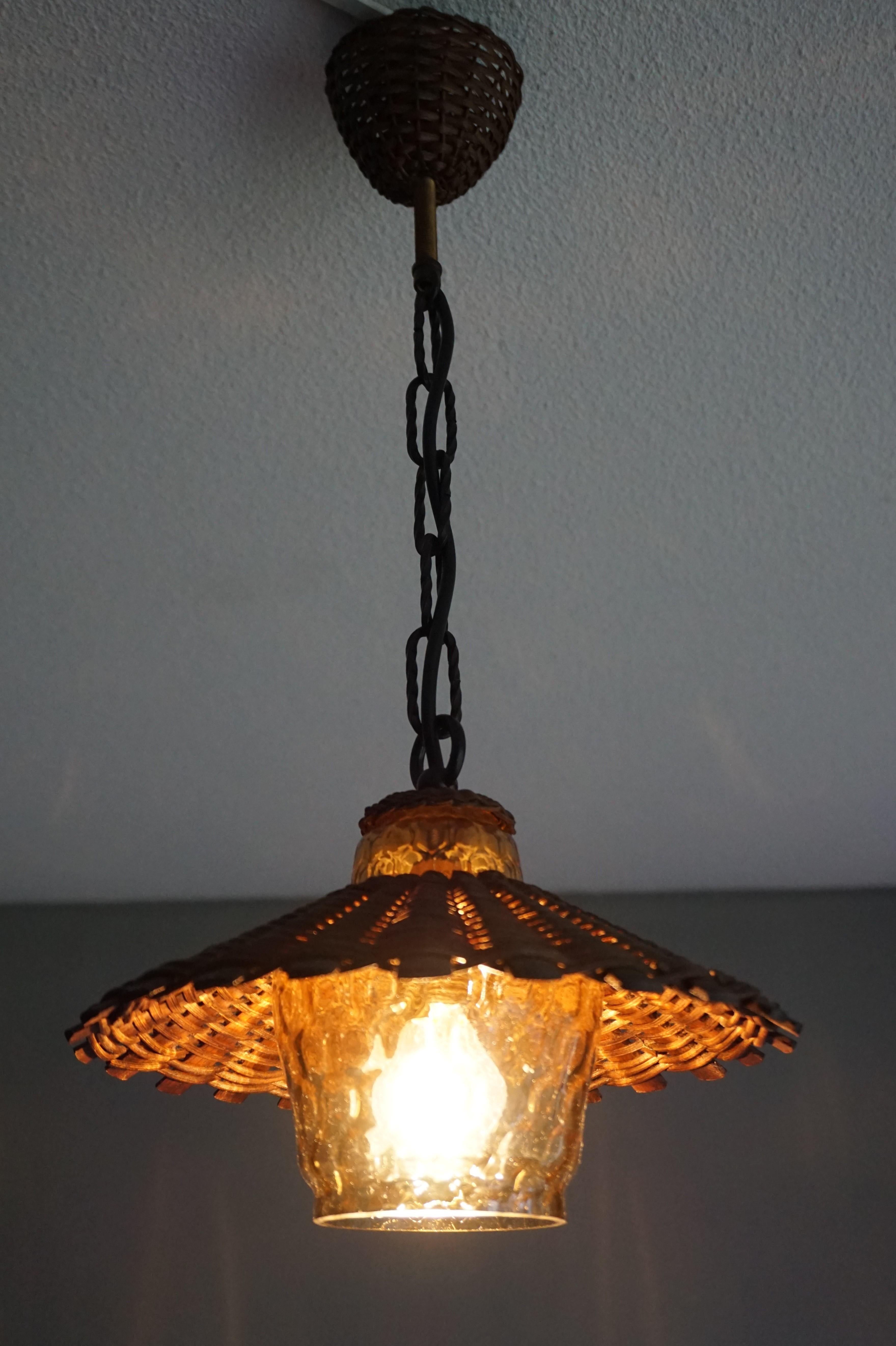 Unique Set of 3 Midcentury Organic Handcrafted Wicker and Glass Pendants Lights 3