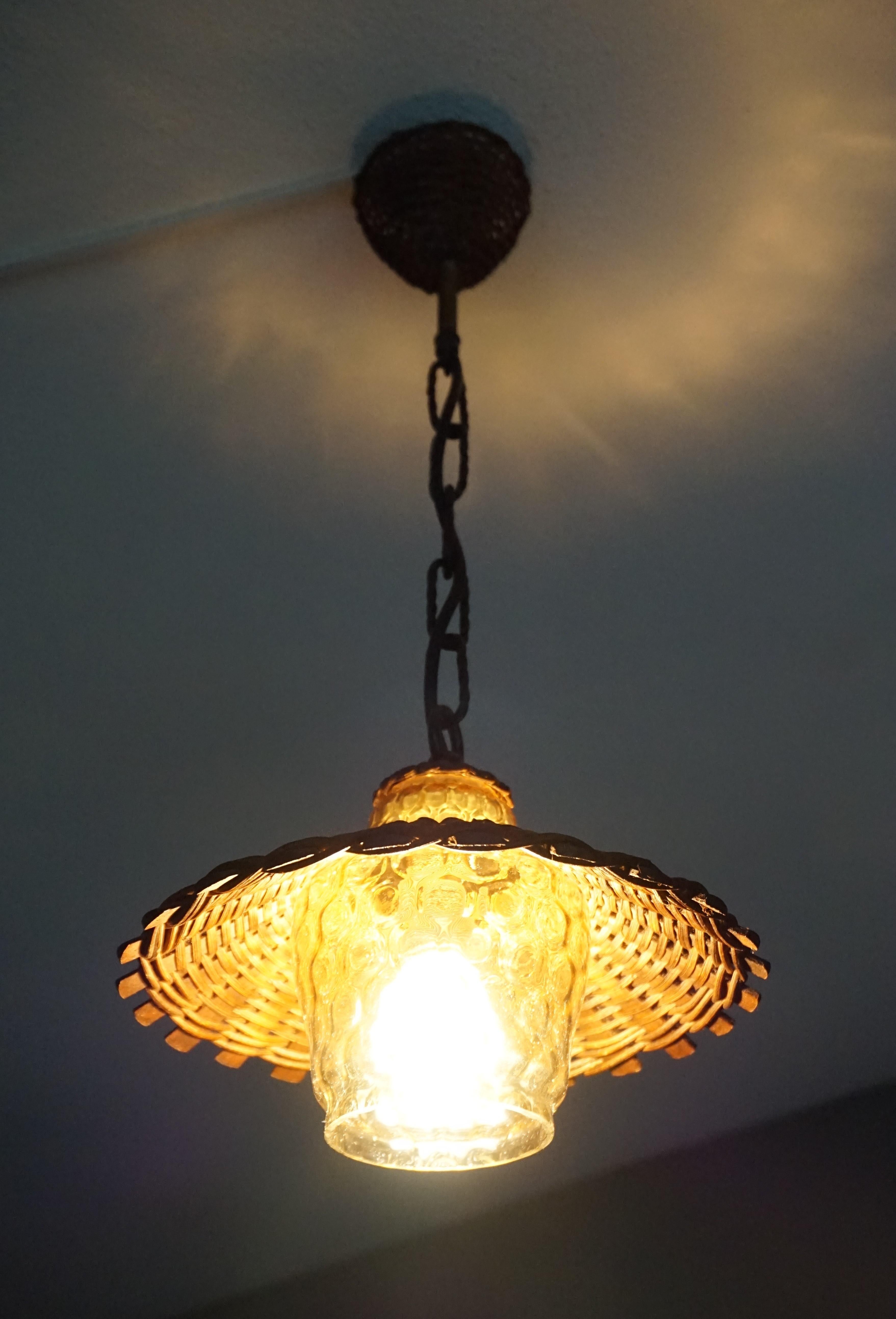 Unique Set of 3 Midcentury Organic Handcrafted Wicker and Glass Pendants Lights 5