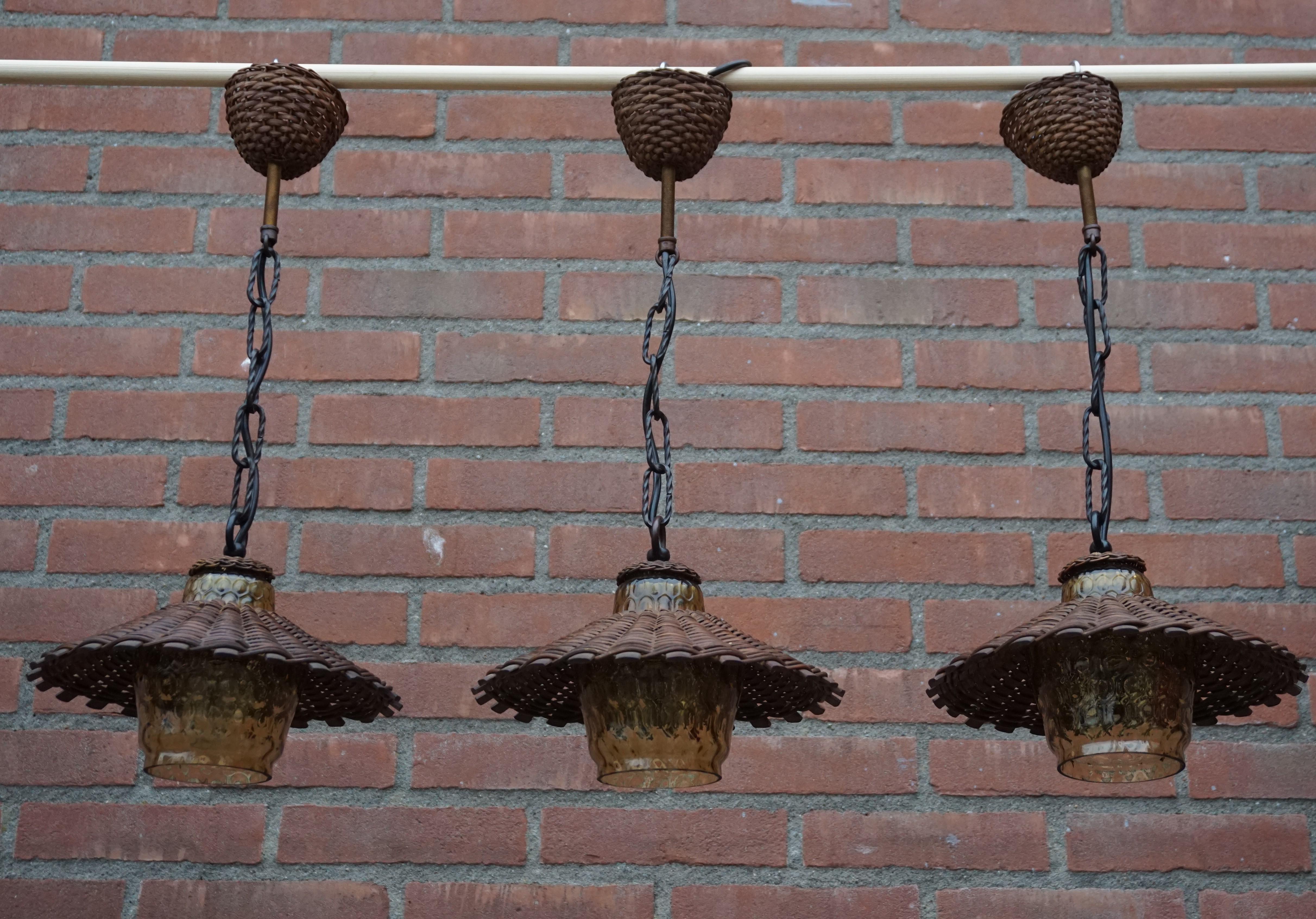 Unique Set of 3 Midcentury Organic Handcrafted Wicker and Glass Pendants Lights 7