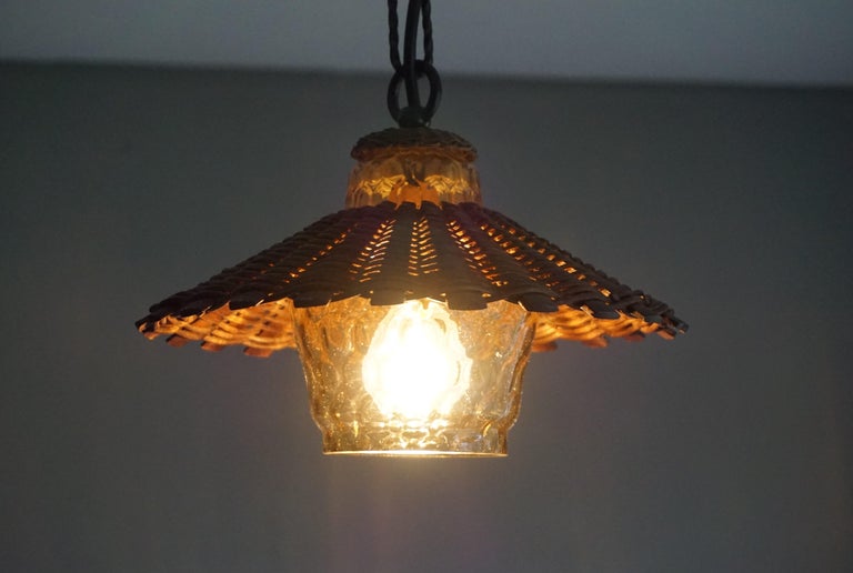 Unique Set of 3 Midcentury Organic Handcrafted Wicker and Glass