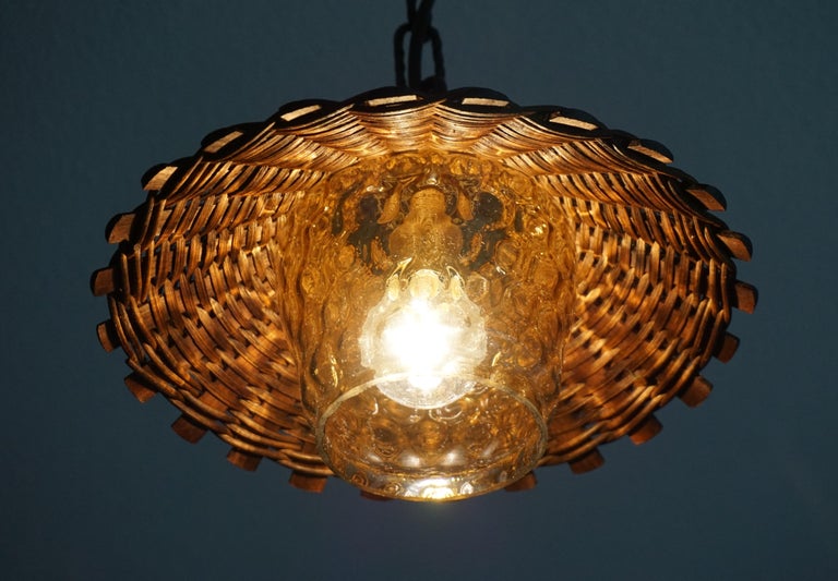 Unique Set of 3 Midcentury Organic Handcrafted Wicker and Glass