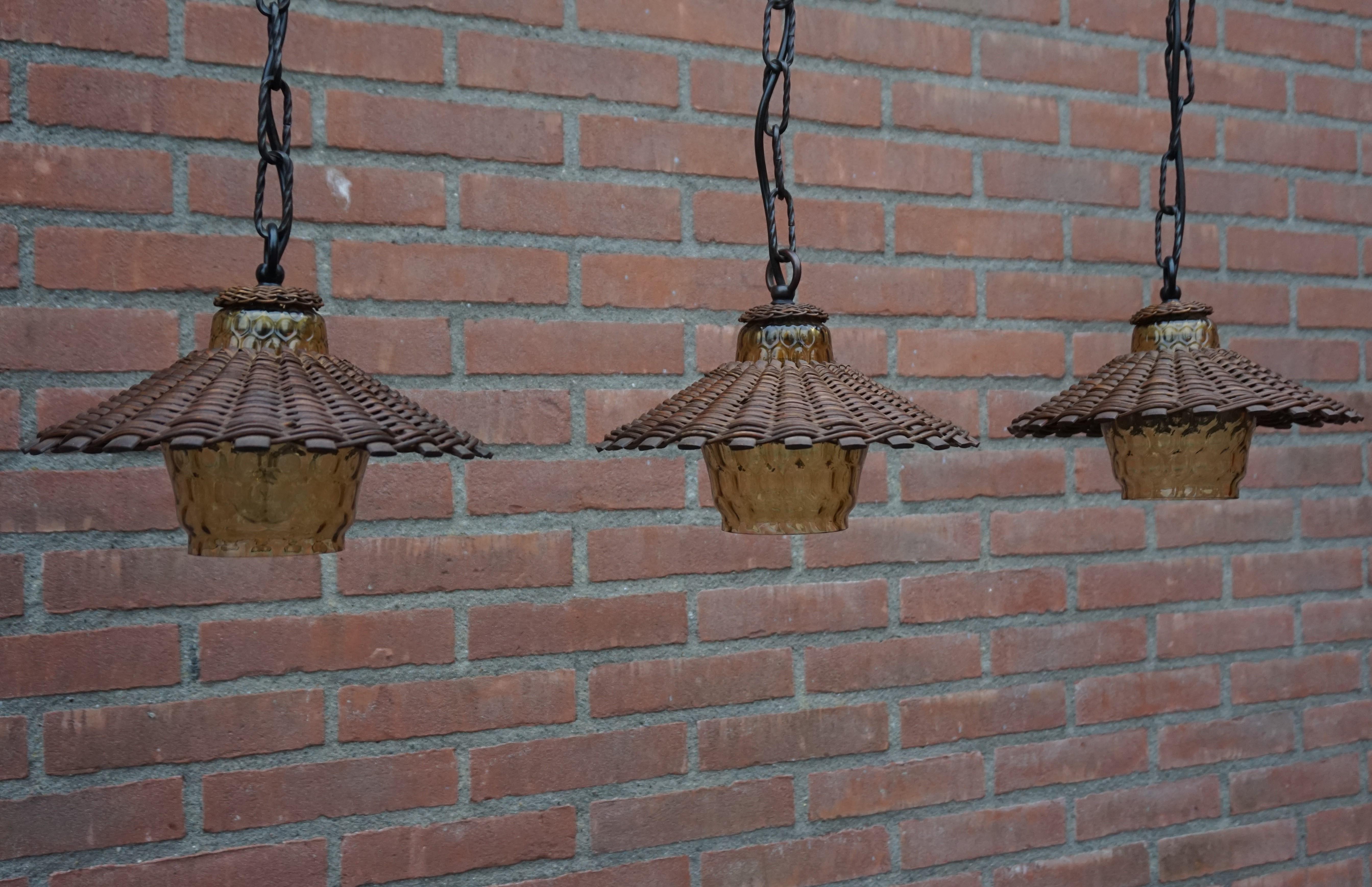 Unique Set of 3 Midcentury Organic Handcrafted Wicker and Glass Pendants Lights In Excellent Condition In Lisse, NL