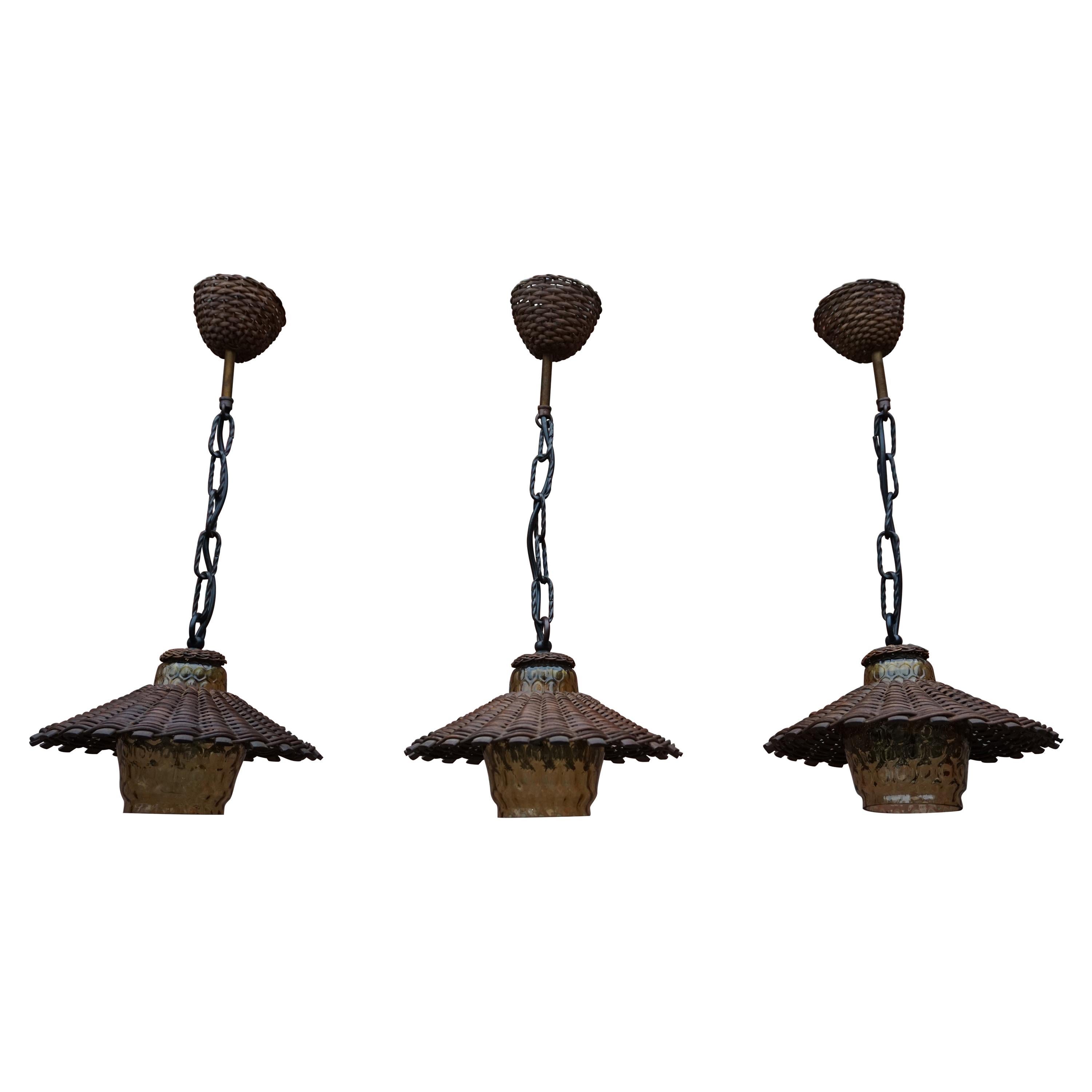 Unique Set of 3 Midcentury Organic Handcrafted Wicker and Glass Pendants Lights