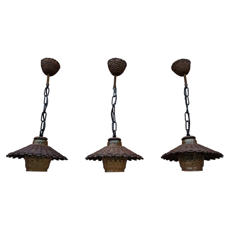 Unique Set of 3 Midcentury Organic Handcrafted Wicker and Glass