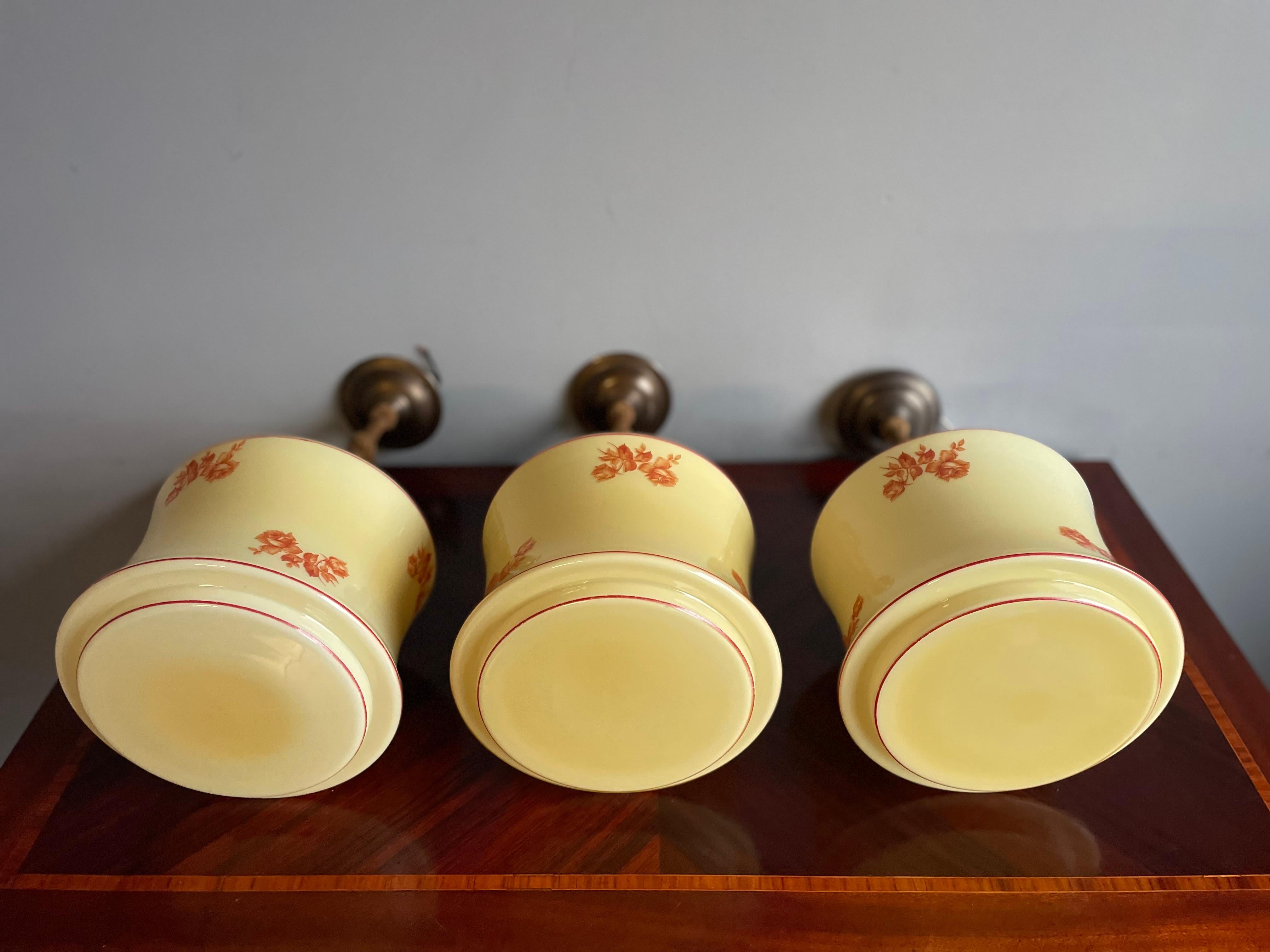 Unique Set of 3 Mint Art Deco Glass & Brass Pendant Lights Fixtures w. Red Roses For Sale 2