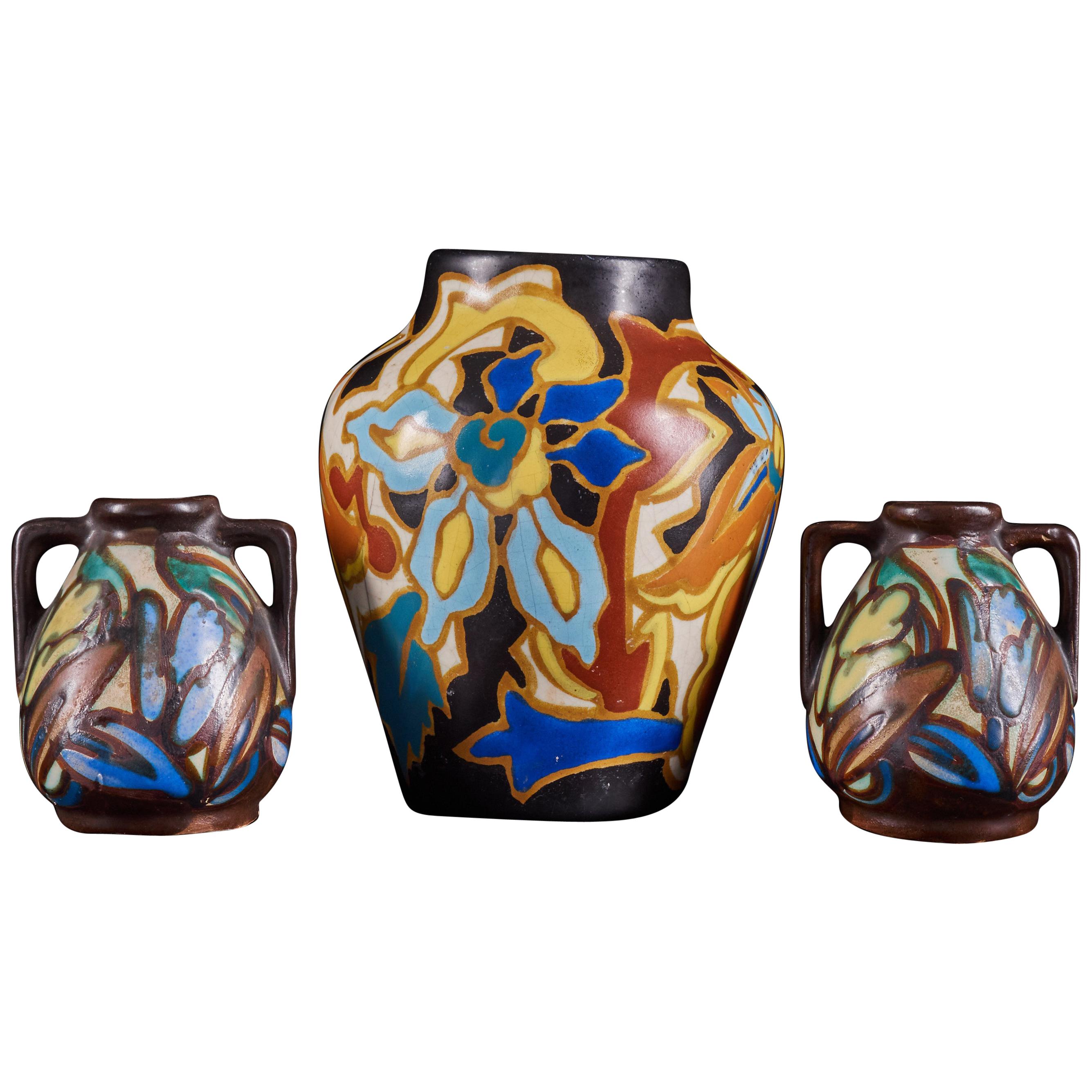 Unique Set of 3 Very Colorful Hand Painted Ceramic Vases with Floral Design