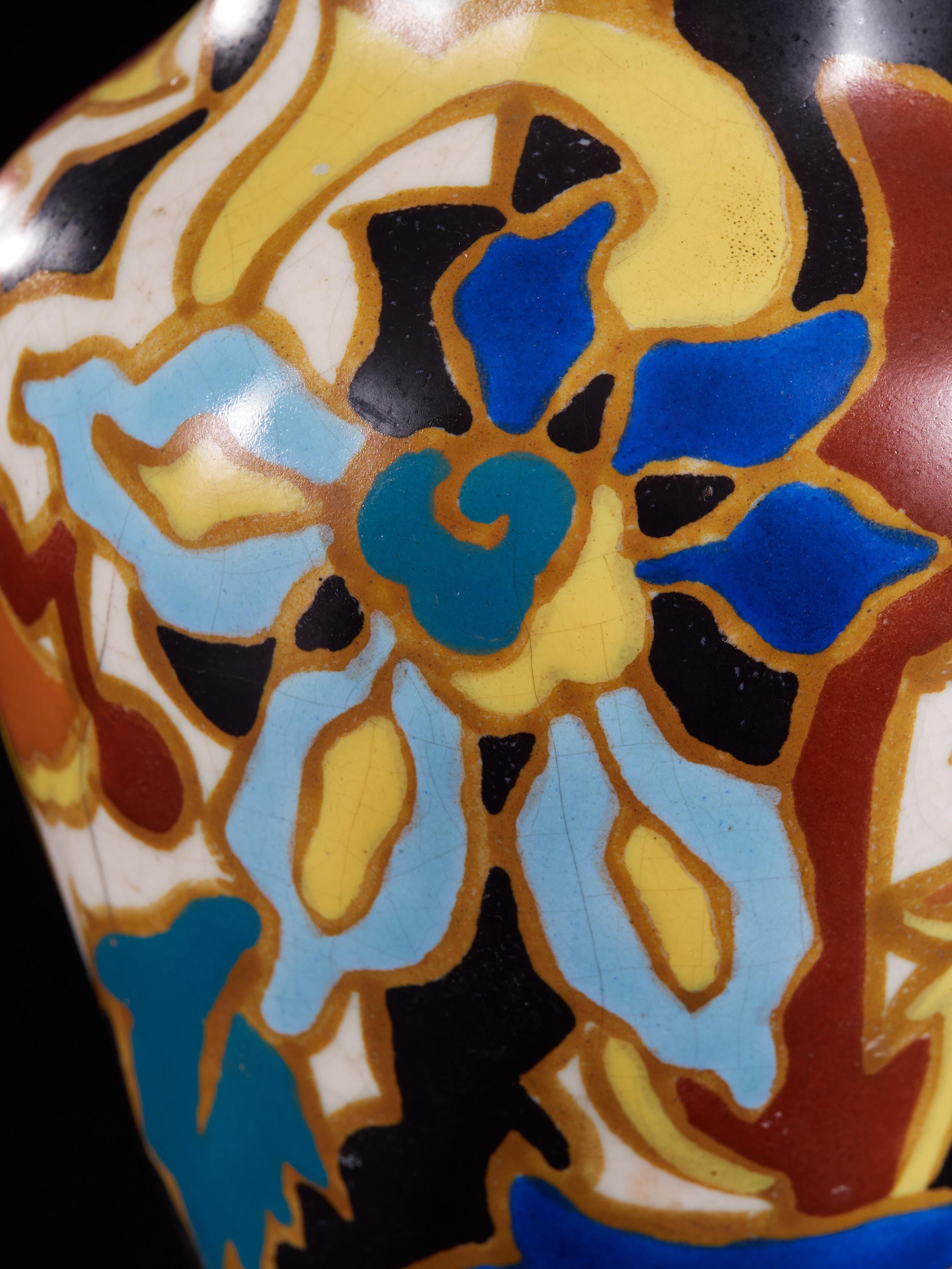 20th Century Unique Set of 3 Very Colorful Hand Painted Ceramic Vases with Floral Design