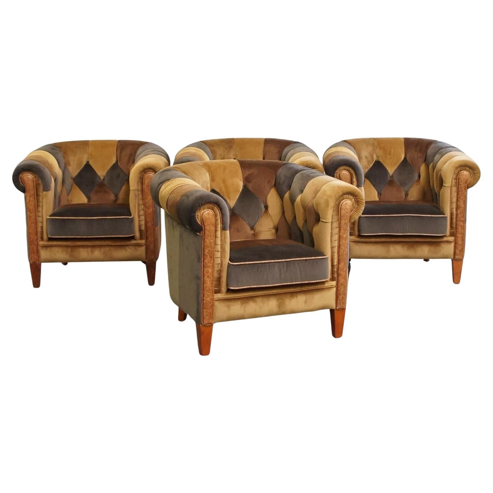 Unique set of 4 fabric patchwork Chesterfield club chairs in good condition