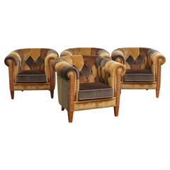 Set unico di 4 sedie club Chesterfield in tessuto patchwork in buone condizioni