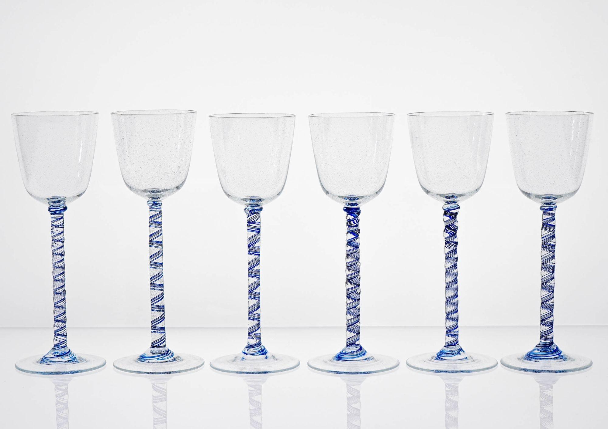 Unique Set of 6 Cenedese Twisted Stem, Cobalt and Pulegoso Murano Glass. Signed For Sale 13