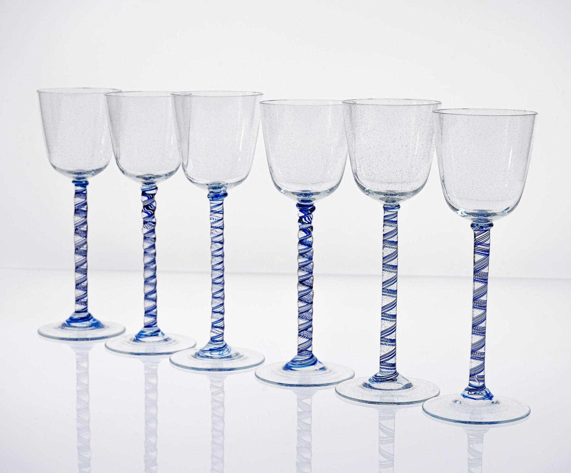 Georgian Unique Set of 6 Cenedese Twisted Stem, Cobalt and Pulegoso Murano Glass. Signed For Sale