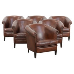 Unique set of 6 cognac-coloured cow leather club armchairs