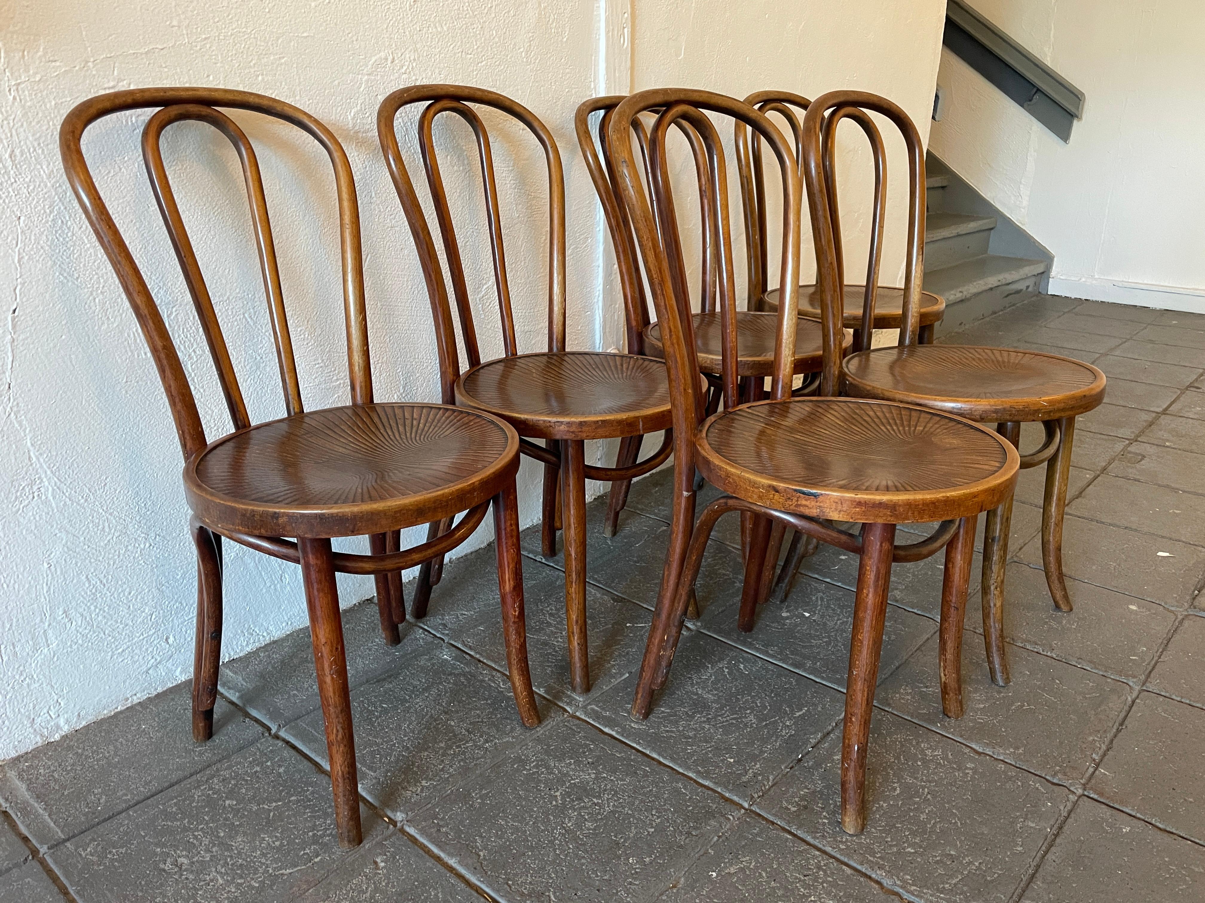 Mid century vintage thonet cafe chairs style number '18' - Set of matching 6 in original condition with amazing patina. The wood has been oiled showing honest wear and ready for use. Beautiful Patina wood grain on wood seats. Labeled - Made in