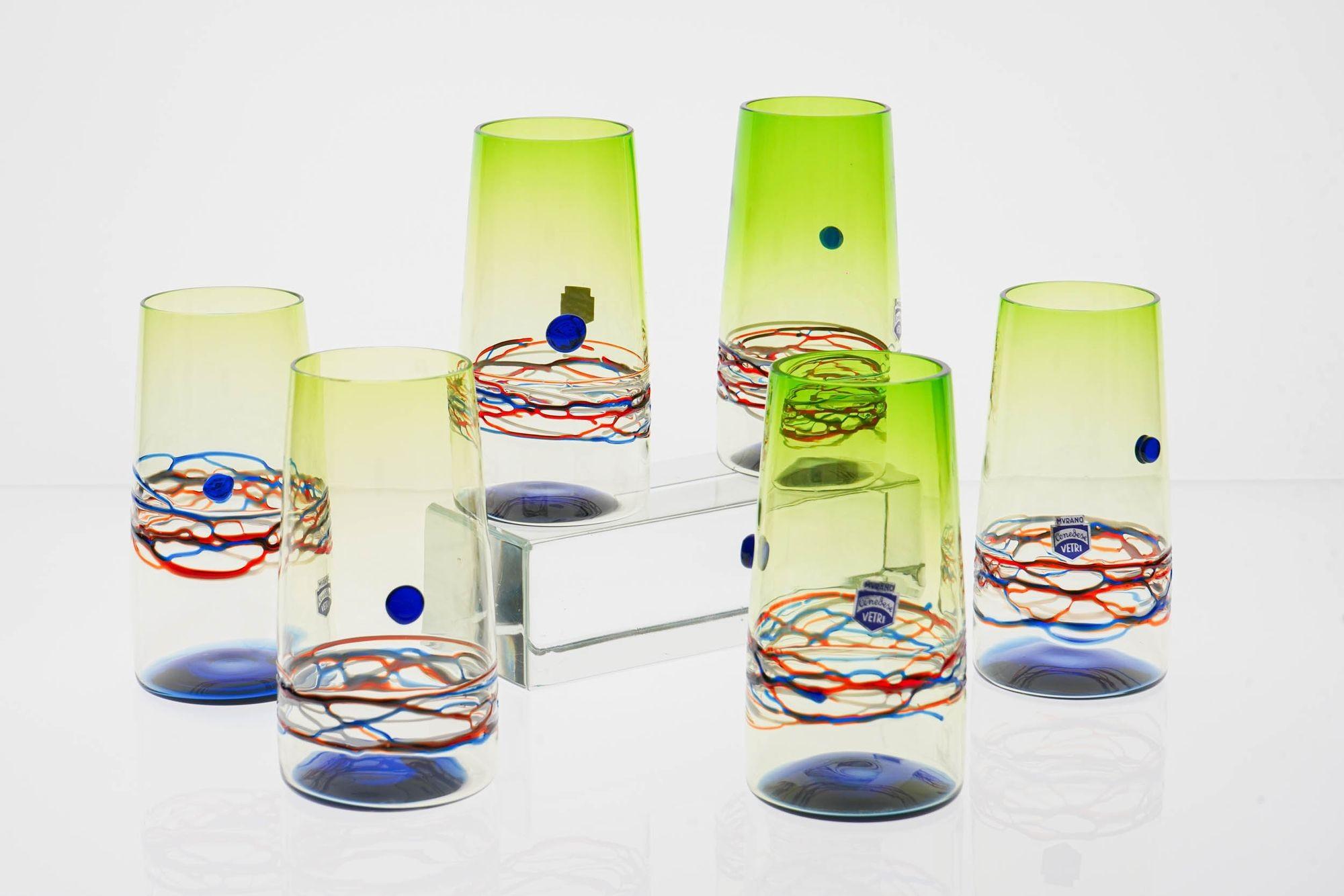Italian Unique Set of 6 Murano Tumblers, Cenedese Murano 1960, Young Collection, Signed For Sale