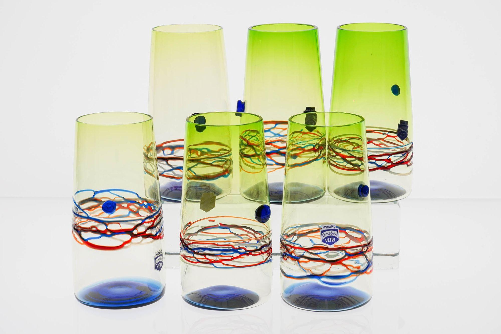 Unique Set of 6 Murano Tumblers, Cenedese Murano 1960, Young Collection, Signed In Excellent Condition For Sale In Tavarnelle val di Pesa, Florence