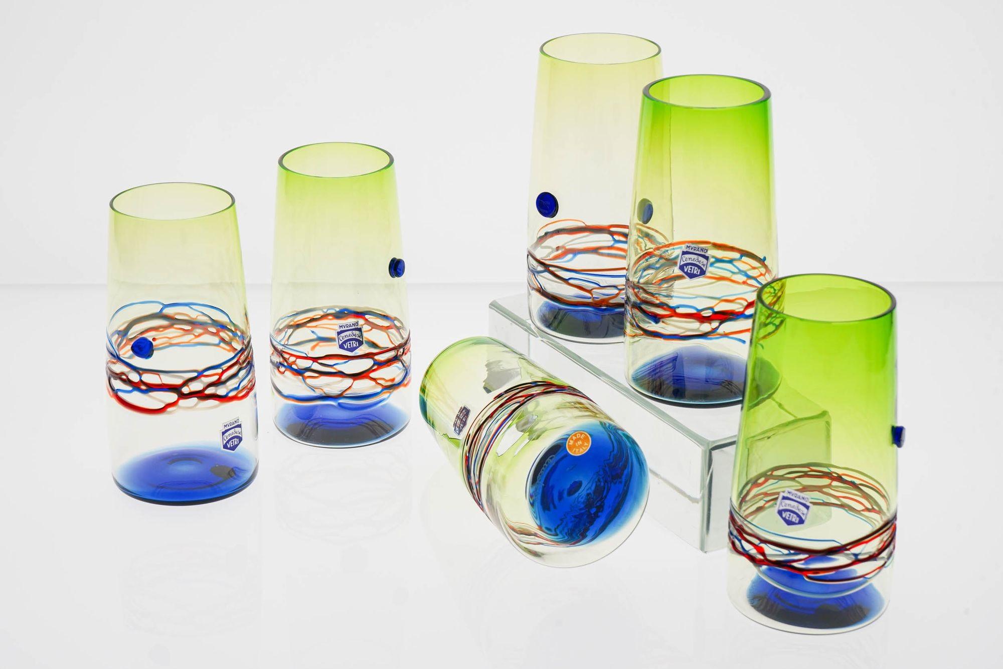 Glass Unique Set of 6 Murano Tumblers, Cenedese Murano 1960, Young Collection, Signed For Sale