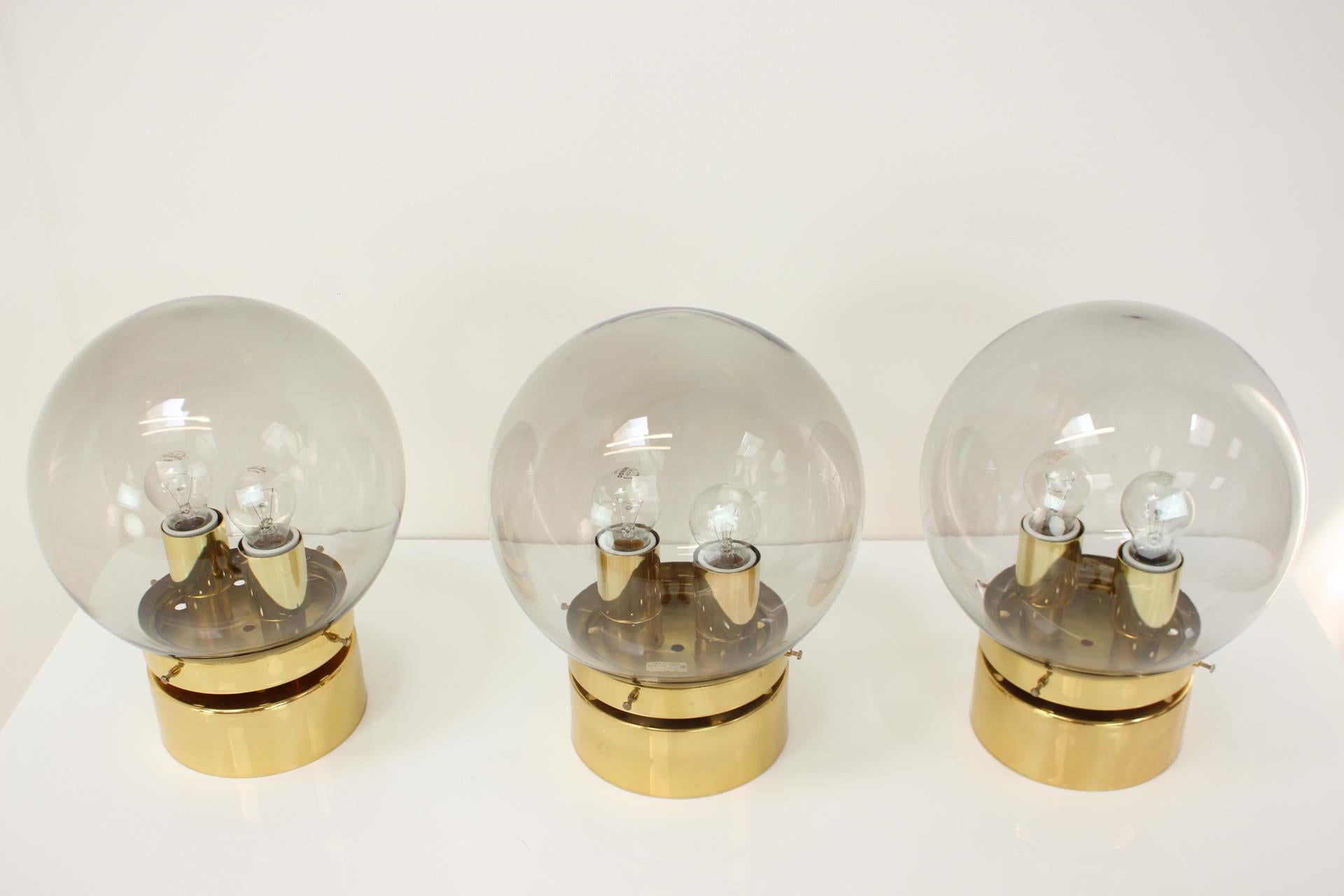 Mid-Century Modern Unique Set of Big Three Brass and Glass Wall, Ceiling Lamps /Scones, 1970s For Sale